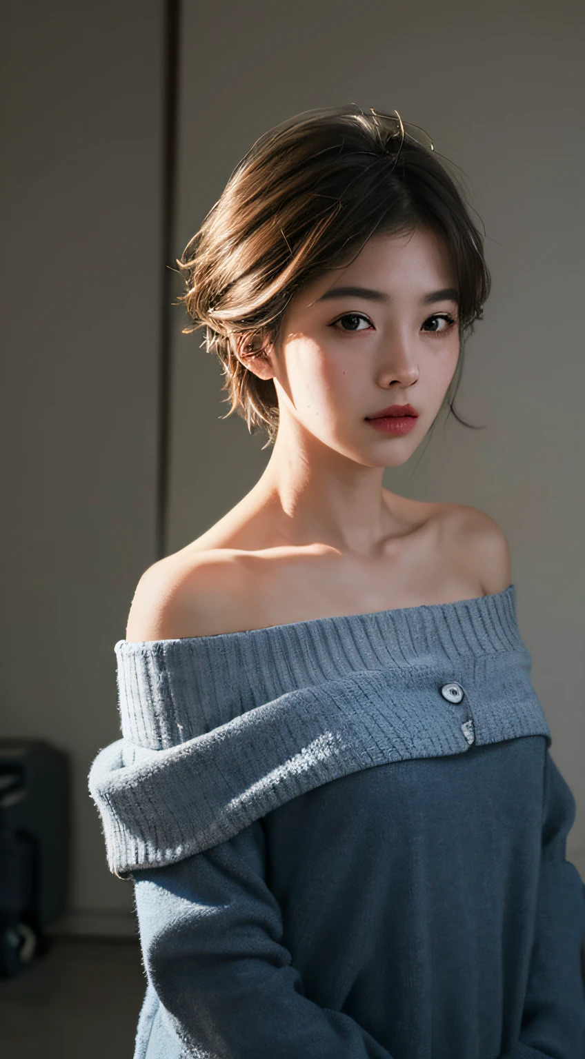 Best quality, masterpiece, ultra high res, (photorealistic:1.5), raw photo, 1girl, offshoulder, in the dark, deep shadow, low key, cold light, sexy look, short hair