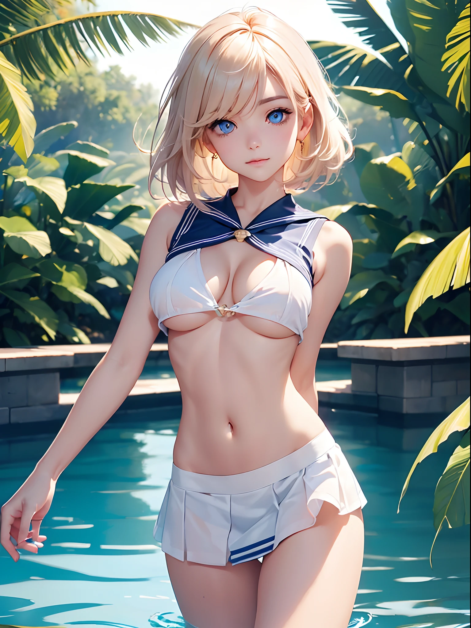 (((toppless))), (((Showing off the legs))), (((large full breasts))), (((show off cleavage))), extremely detailed CG unified 8k wallpaper, very fine 8KCG wallpaper, (​masterpiece, Best Quality), High resolution, Ultra-detailed, ultra-sharp, 1 girl ,Naked, in poolside, ((( Light sailor shirt, Sleeveless, Open front))), (((Navel ))),  (((Sheer Micro Mini Skirt))),  (Beautiful face, Cute face, Detailed face),  (((Detailed beautiful eyes))), (((Sunny))), Perfect Eyes Eyes