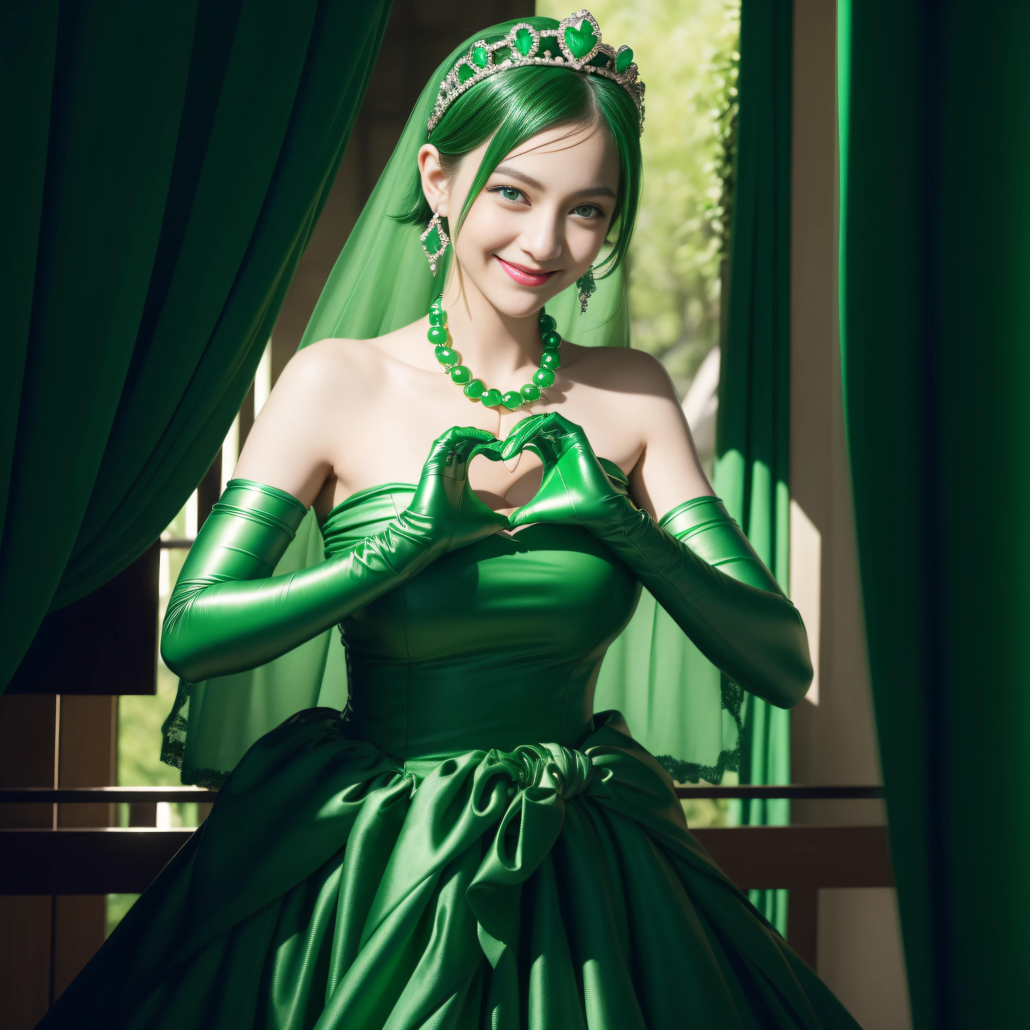 emerald tiara, Green Pearl Necklace, Boyish very short green hair, lipsticks, Japan woman smiling, very short short hair,  big breasts beautiful, Green eyes, Long green gloves made of satin material, Green eyes, Emerald Earrings, green vale, Heart with both hands, (Double heart hands:1.3)