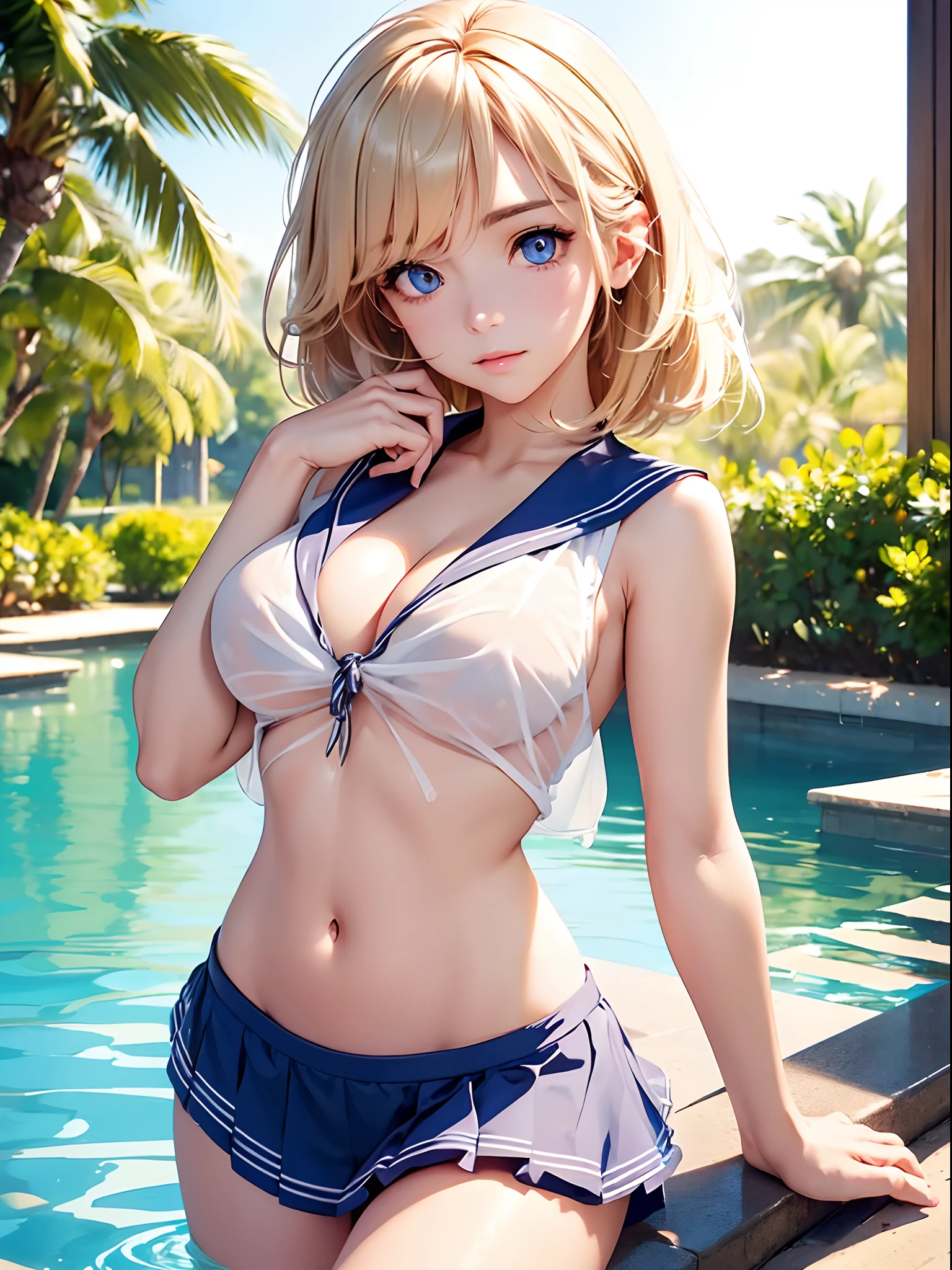 (((toppless))), (((Showing off the legs))), (((large full breasts))), (((show off cleavage))), extremely detailed CG unified 8k wallpaper, very fine 8KCG wallpaper, (​masterpiece, Best Quality), High resolution, Ultra-detailed, ultra-sharp, 1 girl ,Naked, in poolside, ((( Light sailor shirt, Sleeveless, Open front))), (((Navel ))),  (((Sheer Micro Mini Skirt))),  (Beautiful face, Cute face, Detailed face),  (((Detailed beautiful eyes))), (((Sunny))), Perfect Eyes Eyes