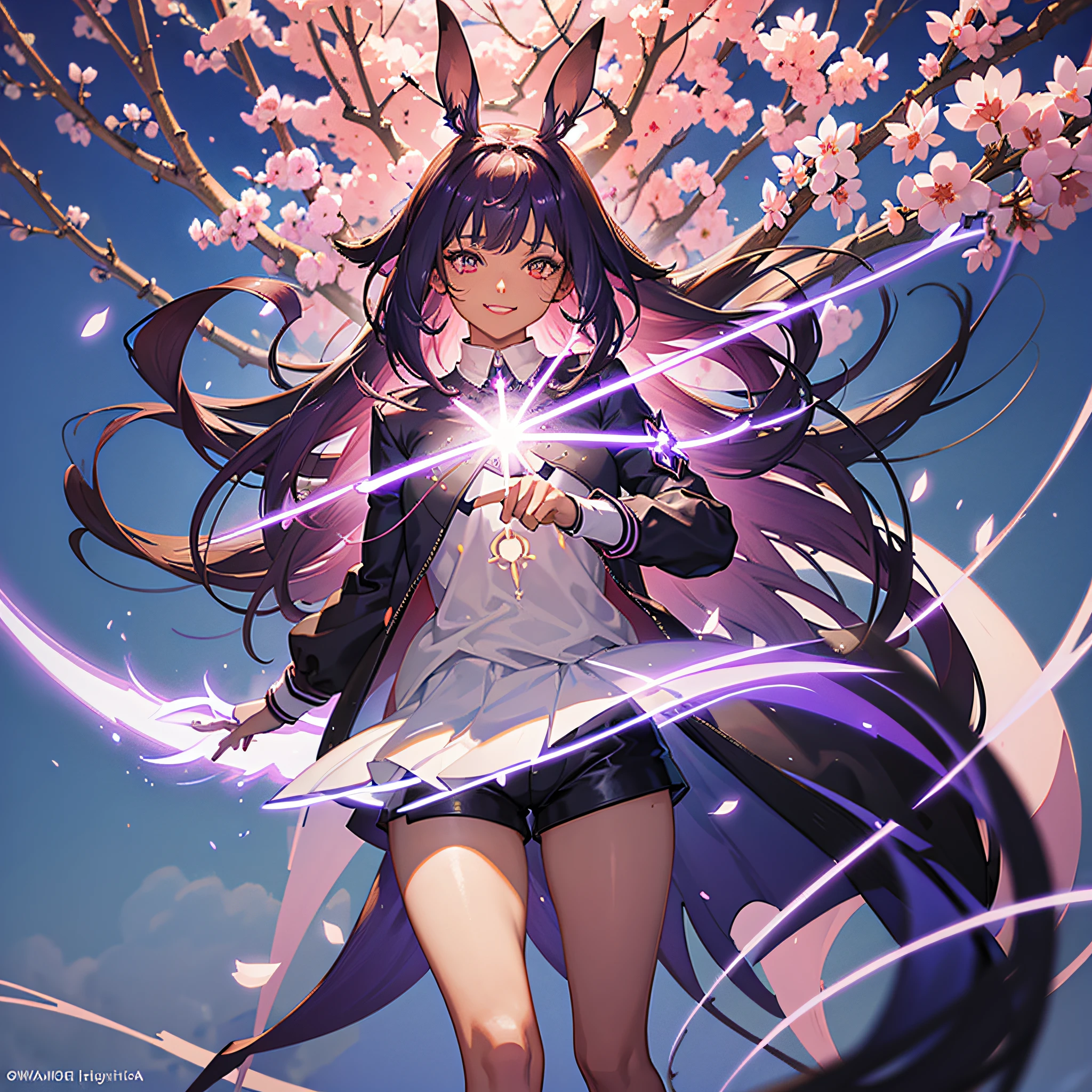 A dark skin rabbit girl, purple electro power, sakura summon power, so much sakura, electro vision, brown eyes, blunt bangs, hentai smile, dark skin, polite shirt and short pants clothes, not revealing clothes, genshin impact character design, fantasy world