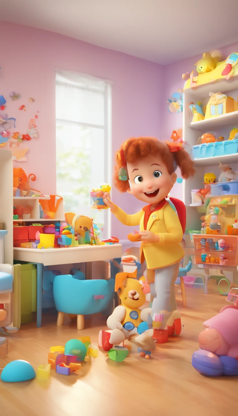 With 1 nursery teacher3Infant of man、Fun nursery、3A ddler who1Surrounding a person chre worker、Lots of toys、Bright nursery room、Smiling children