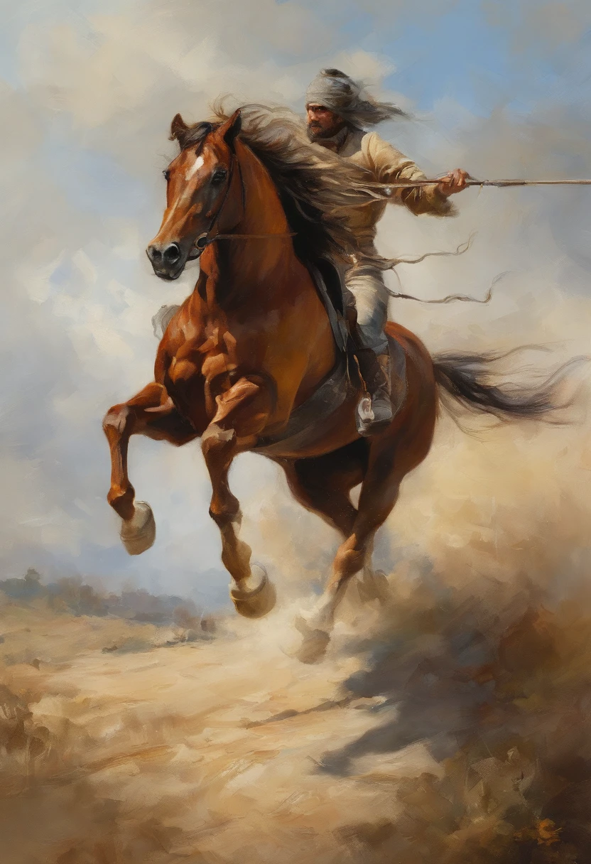 The Rider and the Five Horses ,One Black, Another yellow color ,Another white, And another red,Clear blue sky,unreal enginee 5, Kinematic, low angle photo, motion-blur, depth of fields, Perfect color correction. ultra-detailliert, Beautiful, Incredibly detailed, intricate detailes, editorial photo, Shooting with a 50mm lens, depth of fields, Tilt Blur, Shutter Speed 1/1000, Lightmaps,