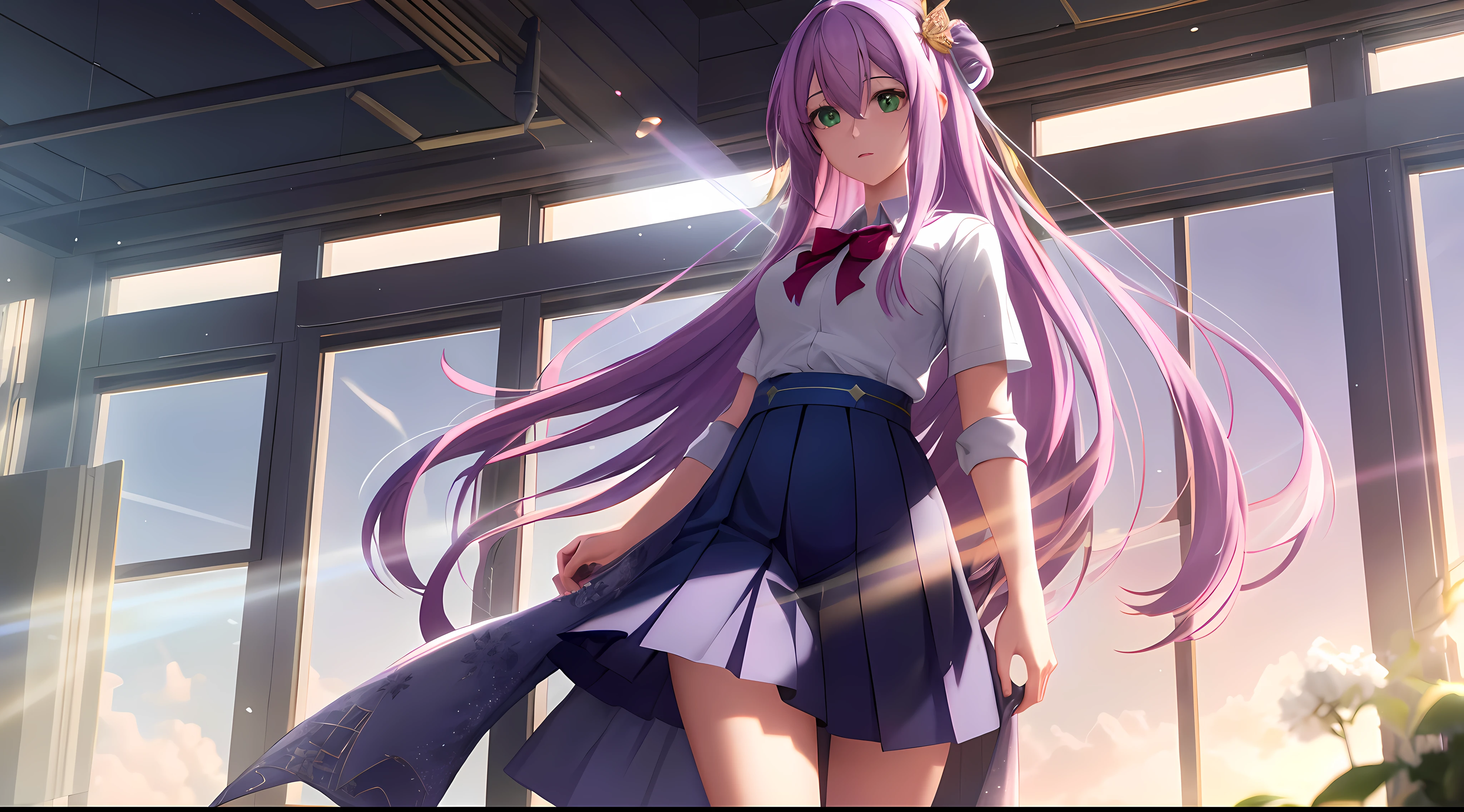 Athena with plain long light purple hair,hair between eyes,green eyes,rosy cheeks,full lips,thin eyebrows,slender body,school dress and long skirt,praying beads on neck,cute anime girl,full body,classroom in background,anime style,Lumen Reflections,Screen Space Reflections,Diffraction Grading,Chromatic Aberration,GB Displacement,Scan Lines,Ray Traced,Anti-Aliasing,FXAA,TXAA,RTX,SSAO,Shaders,OpenGL-Shaders, GLSL-Shaders,Post Processing,Post-Production,cell Shading,Tone Mapping,CGI,VFX,SFX,insanely detailed and intricate, 4K,standing, solo, masterpiece, best quality, detailed face, detailed eyes, highres, standing, solo,masterpiece, best quality