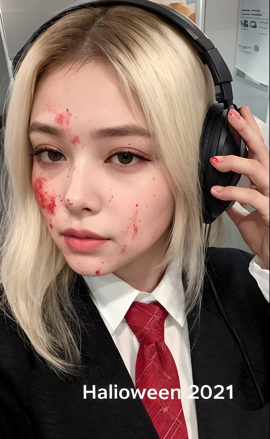 Mulher loira com manchas vermelhas no rosto e fones de ouvido, cosplay realista, brutal sluty sluty maquiagem, pale woman covered with blood, brutal sangrenta e maquiada, uma aluna hiperrealista, respingo de sangue nas laterais, cosplay profissional, sangue nas roupas e no rosto, aluna hiperrealista, rosto ensanguentado, coberto de limo vermelho