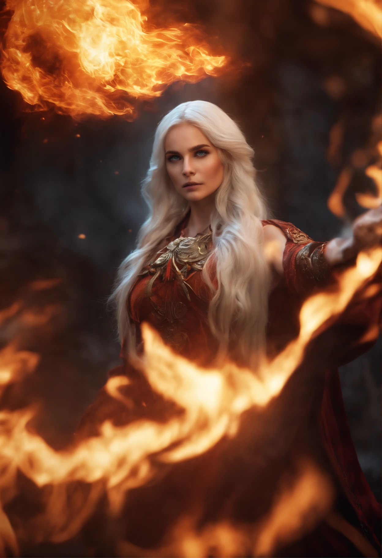 An outstanding beautiful white girl blowing, firelight, flame surrounding, fire magic messenger, dota 2 fire girl style, ghost knife style, fire-like hair, long white hair, watery blue yellow eyes, thin waist, wide hips, fire mage robes, magic colors, World of Warcraft style, Ultra HD, 8K, real skin texture, best light, best shadow, Prone view, small mouth, small nose, big eyes, cute, full body, perfect body proportions, enhanced contrast, fire dragon as background, void fragments