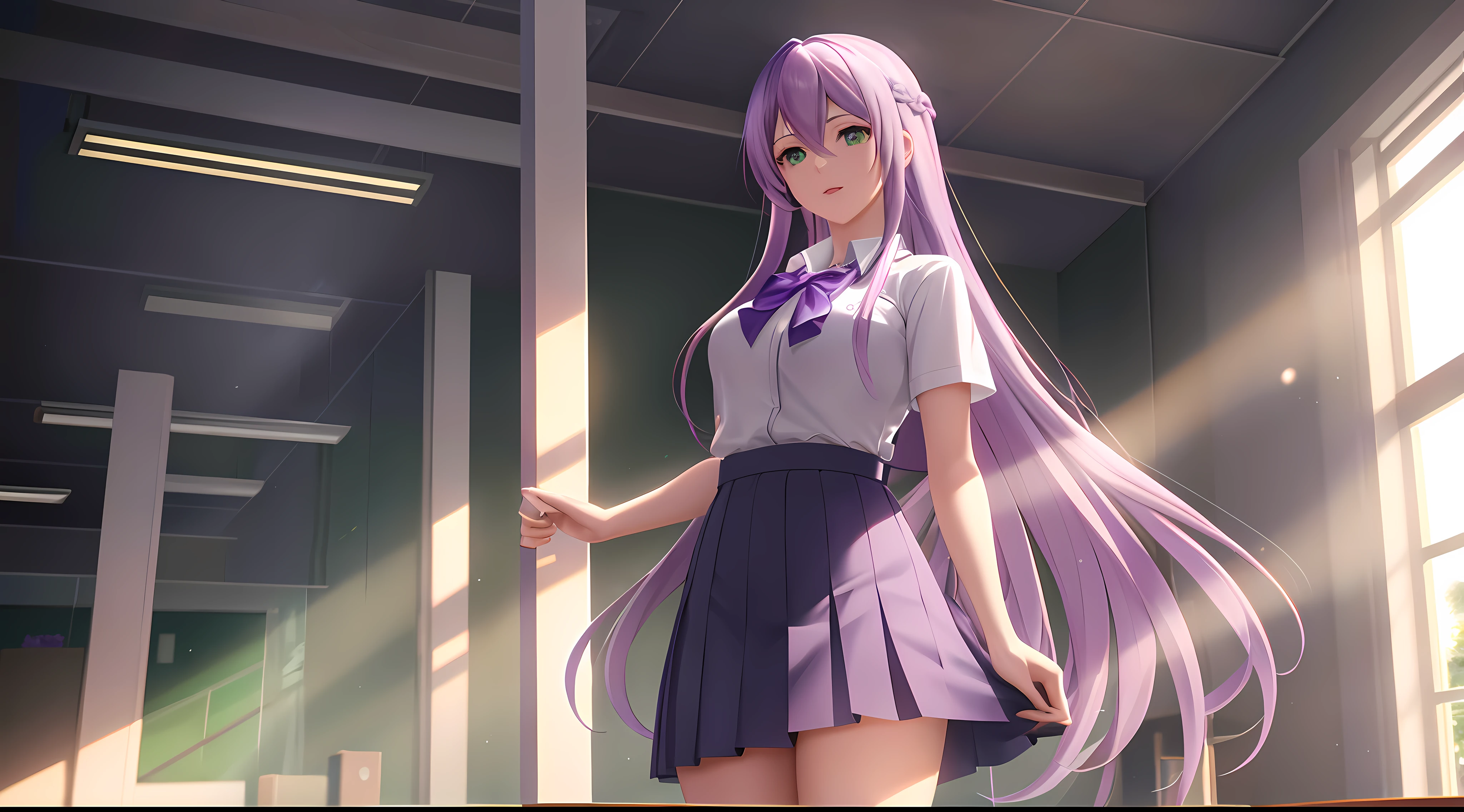 Athena with plain long light purple hair,hair between eyes,green eyes,rosy cheeks,full lips,thin eyebrows,slender body,school dress and long skirt,praying beads on neck,cute anime girl,full body,classroom in background,anime style,Lumen Reflections,Screen Space Reflections,Diffraction Grading,Chromatic Aberration,GB Displacement,Scan Lines,Ray Traced,Anti-Aliasing,FXAA,TXAA,RTX,SSAO,Shaders,OpenGL-Shaders, GLSL-Shaders,Post Processing,Post-Production,cell Shading,Tone Mapping,CGI,VFX,SFX,insanely detailed and intricate, 4K,standing, solo, masterpiece, best quality, detailed face, detailed eyes, highres, standing, solo,masterpiece, best quality