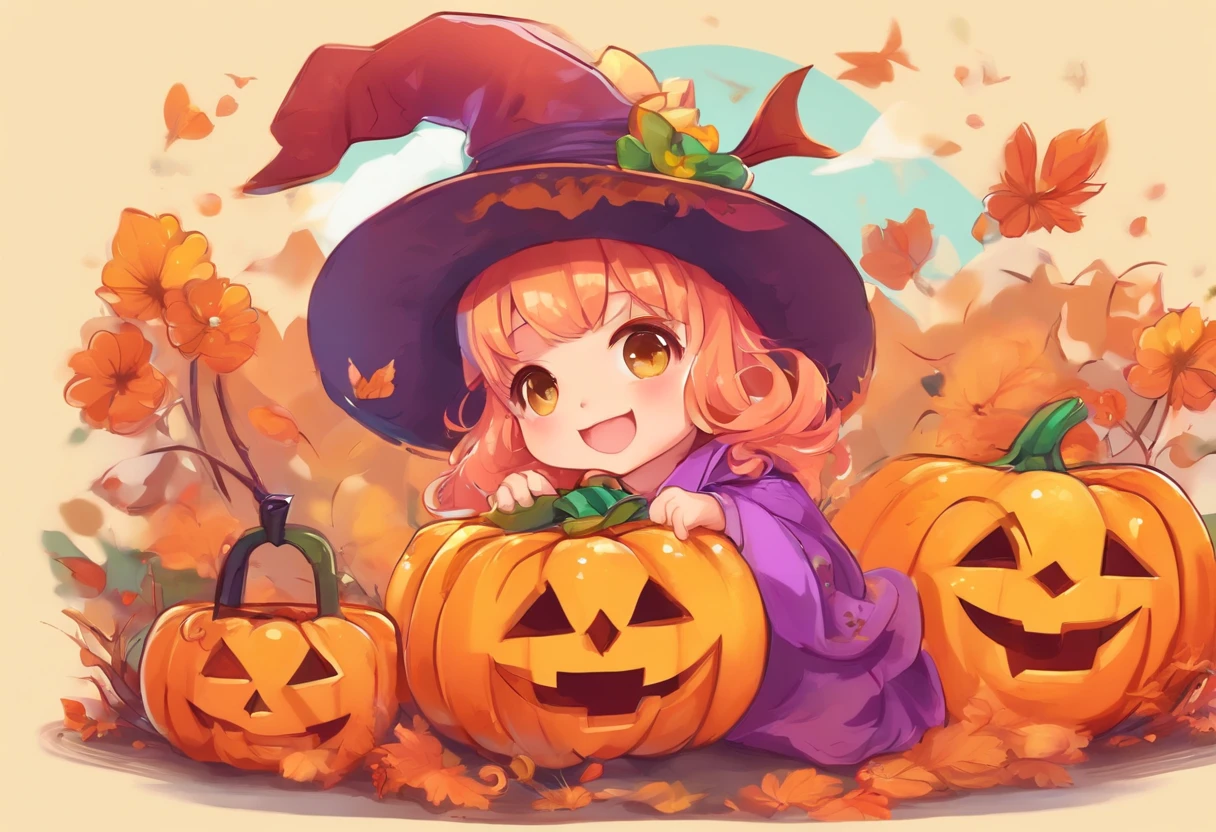 (cute halloween atmosphere:1.5), Fancy pumpkins, Sparkling jewelry, Friendly Ghosts, Sweet treats and colorful candies, Playful Laughter, Children in adorable costumes, moon light, Enchanting Night, Magic in the air, scenery, drenched in delicate autumn shades