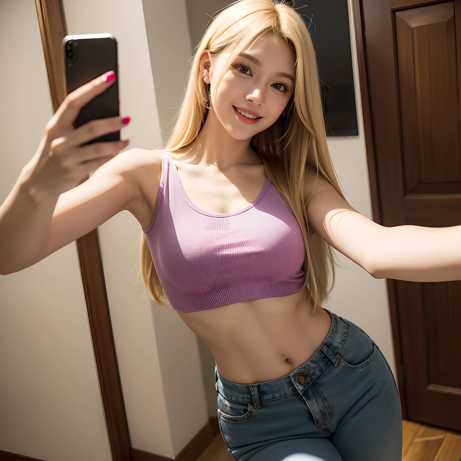 Selfie of a blonde girl with a long blonde hair. Sexy thin body. Smiling a bit. Wearing tight colorful top and tight pants. Sexy body. Casual selfie
