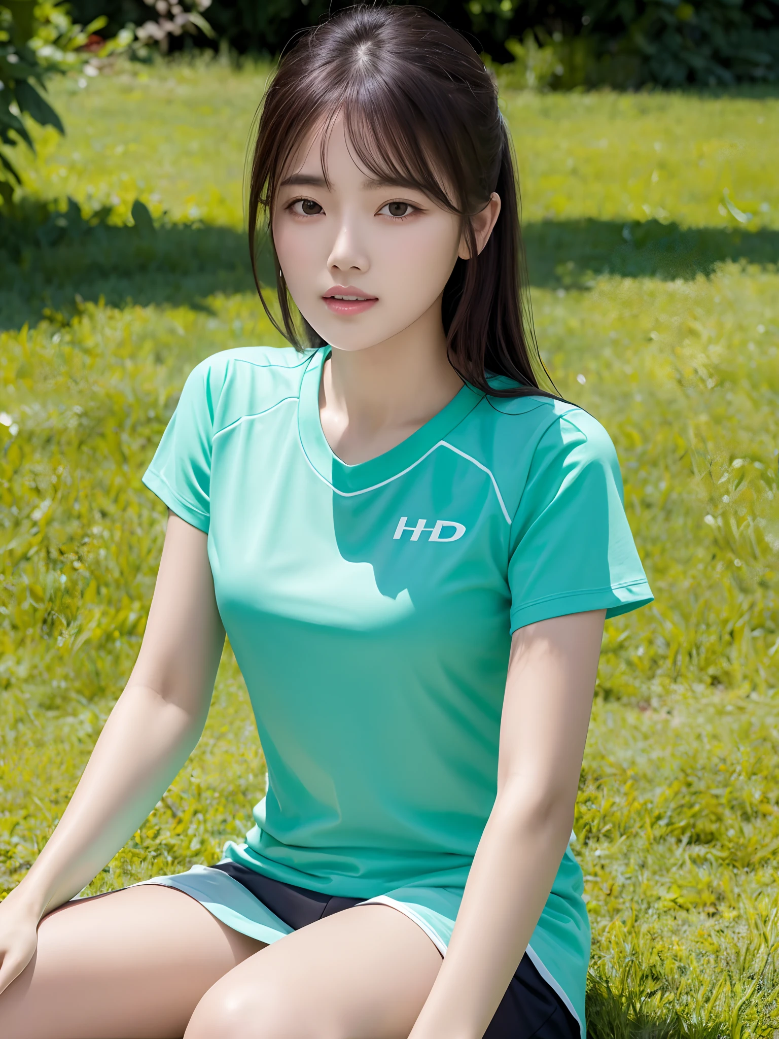 Masterpiece, best quality, high quality, 8k, UHD, Arafed a beautiful women sitting, in the green grass, sport t-shirt, eyelid, white skin, black hair,