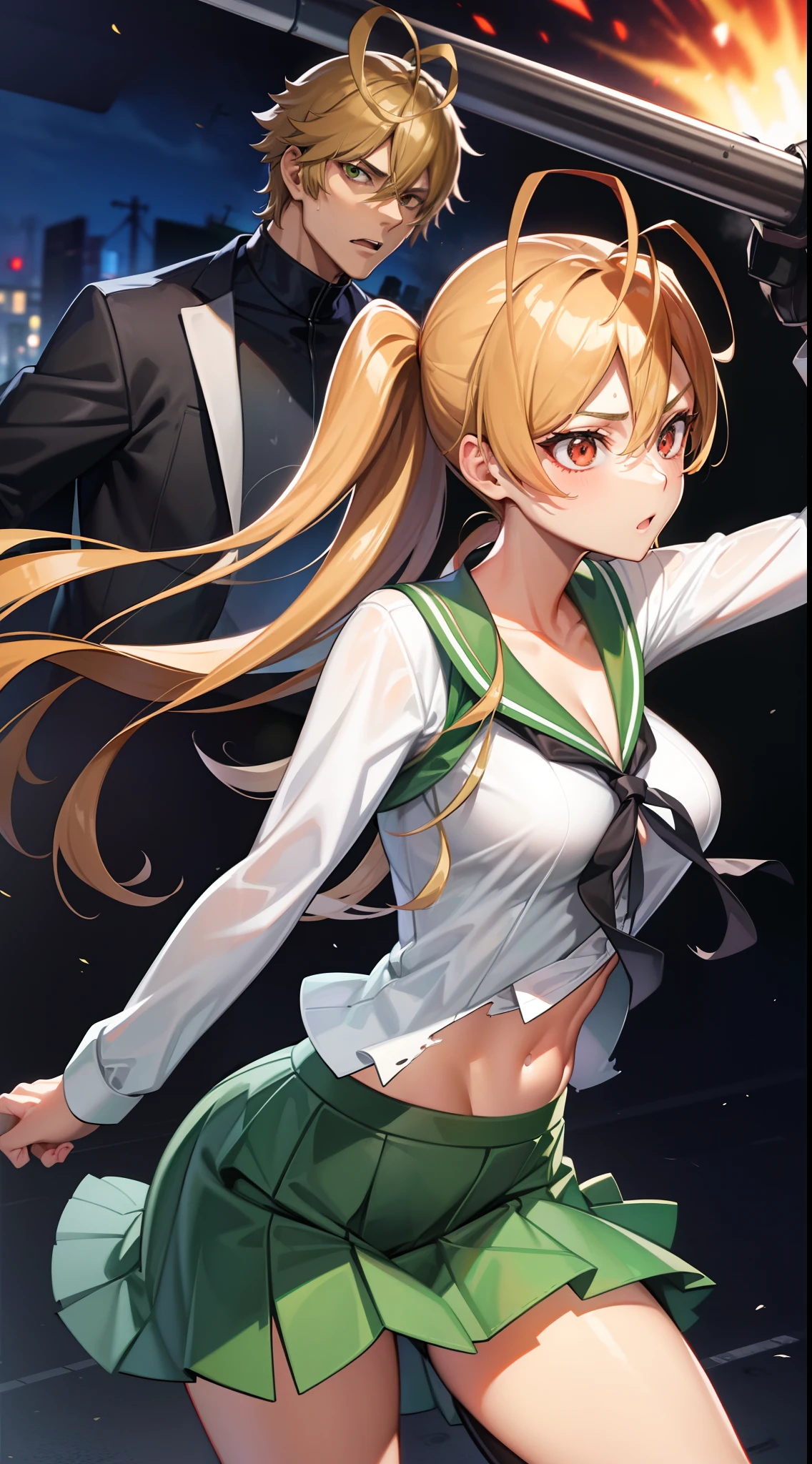 miyamoto rei, school uniform, torn clothes, street, night, fleeing, white shirt, green skirt, 
multiple boys, zombie,, masterpiece, best quality, highly detailed