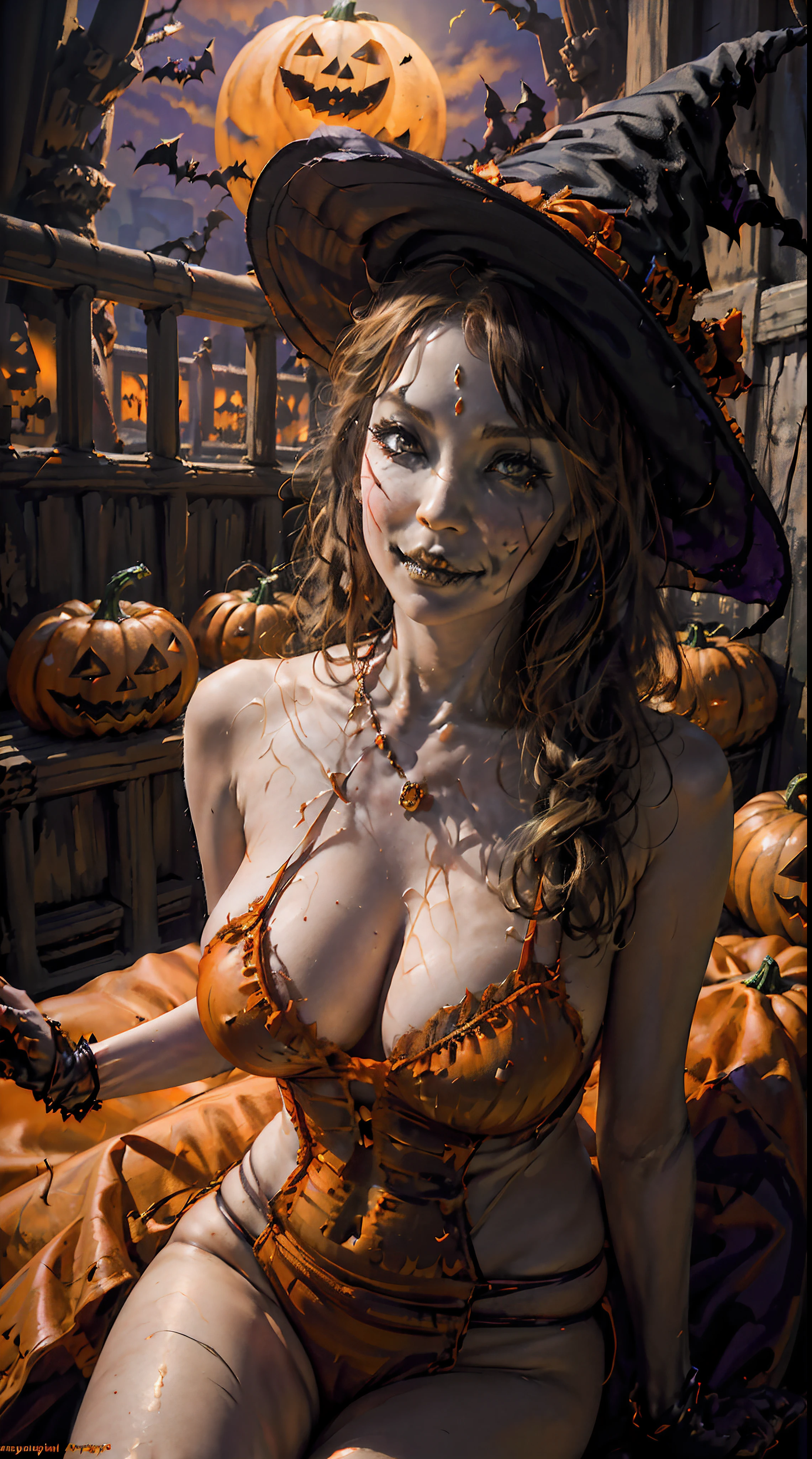 (halloween night:1.5),(Pumpkin monsters:1.2),(Sexy Witch:1.2),(Ride in a pumpkin carriage:1.2),(Seductive charm:1.2),(well-defined physique:1.2),(Spooky atmosphere:1.1),(Pumpkin Bio:1.1),(moonlit sky:1.1),(Enchanting journey:1.1),(mystical ambiance:1.1),(Festive celebrations:1.1),(gigantic cleavage breasts),(Beautuful Women)