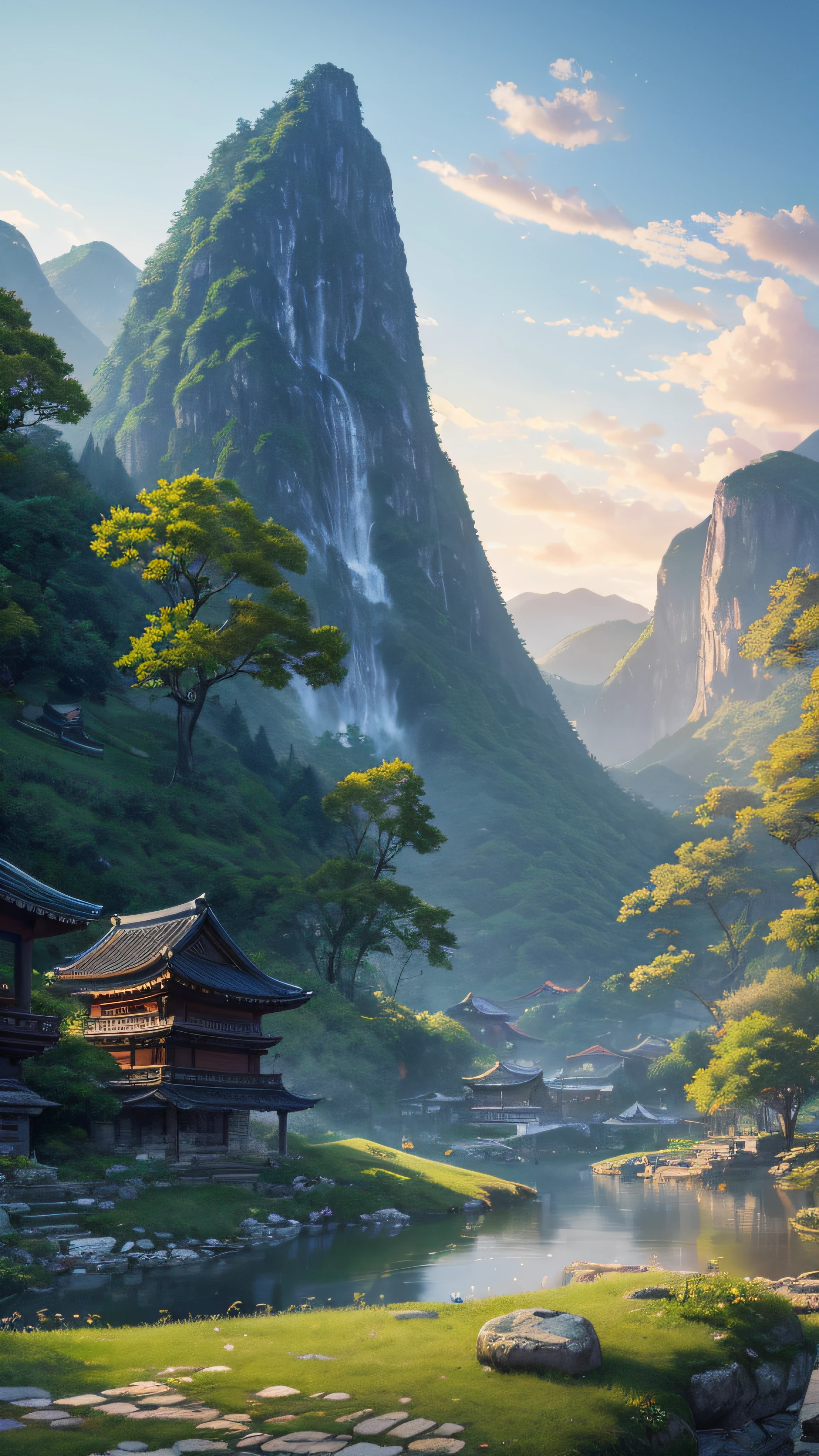 Best quality at best， tmasterpiece， water ink， shuimobysim， Wu Changshuo， Ren Bo Nian， Zheng Banqiao， Eight Mountain People， mont， waterfallr， ln the forest， villages， the sunset