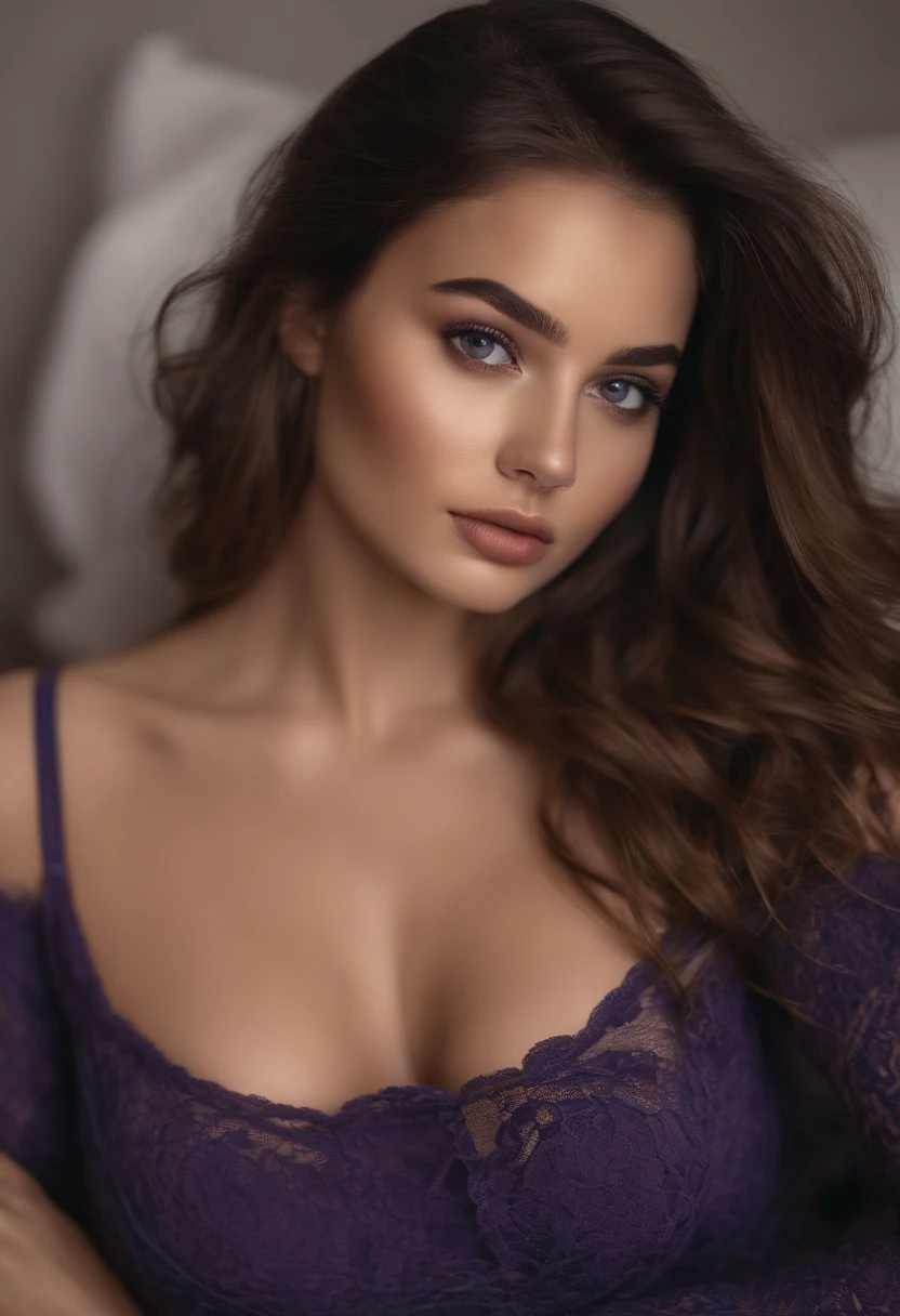 arafed woman fully , sexy girl with brown eyes, ultra realistic, meticulously detailed, portrait sophie mudd, brown hair and large eyes, selfie of a young woman, bedroom eyes, violet myers, without makeup, natural makeup, looking directly at the camera, face with artgram, subtle makeup, stunning full body shot kneeling on bed, in bedroom, medium to large size bust