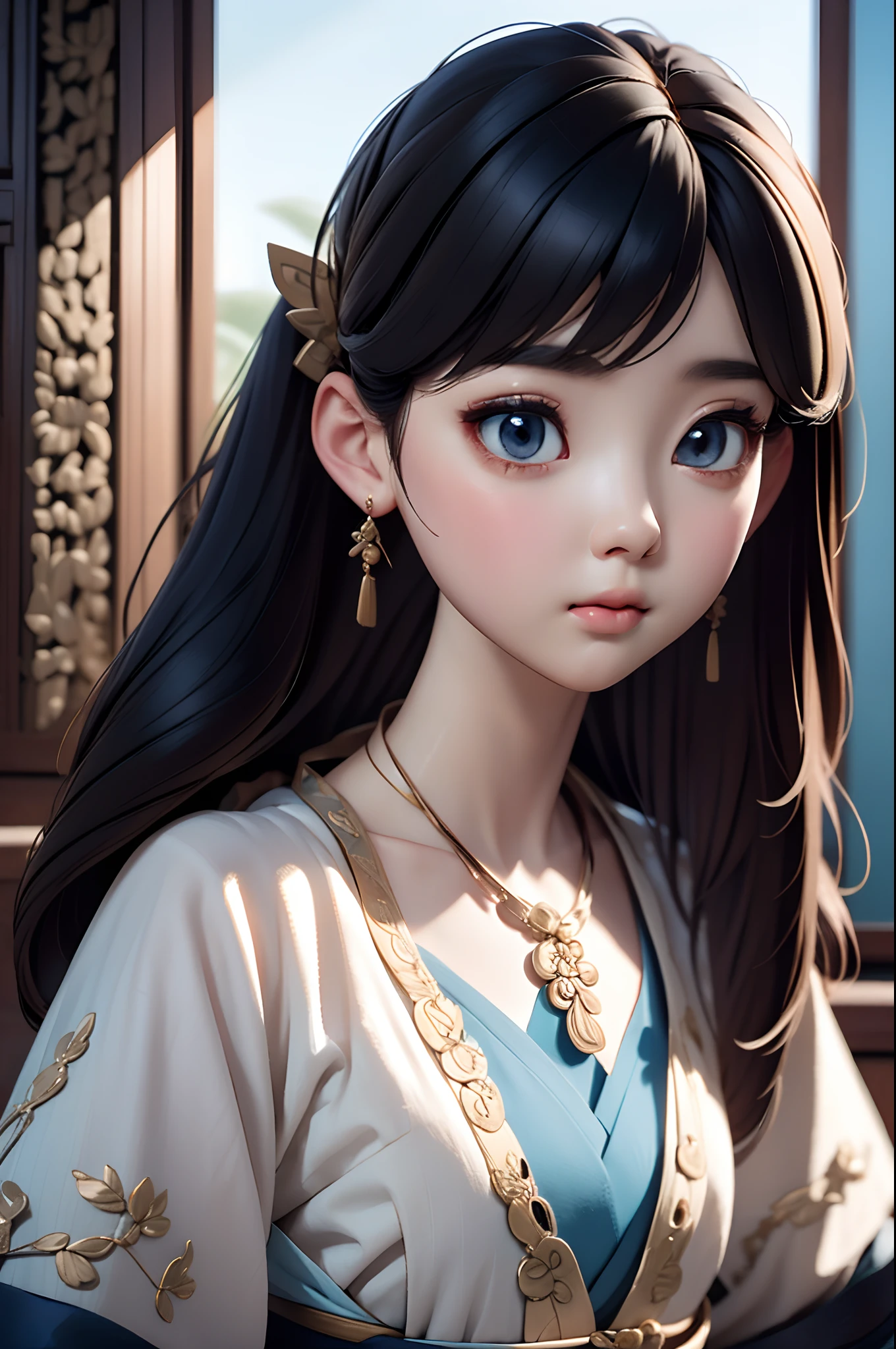 Close-up of a woman wearing a light blue slip dress necklace, Chinese style, Chinese girl, Beautiful character painting, Guviz-style artwork, Palace ， A girl in Hanfu, Beautiful rendering of the Tang Dynasty, Realistic anime 3 D style, trending on cgstation, 8K high quality detailed art, Princesa chinesa antiga, Chinese woman, Guviz