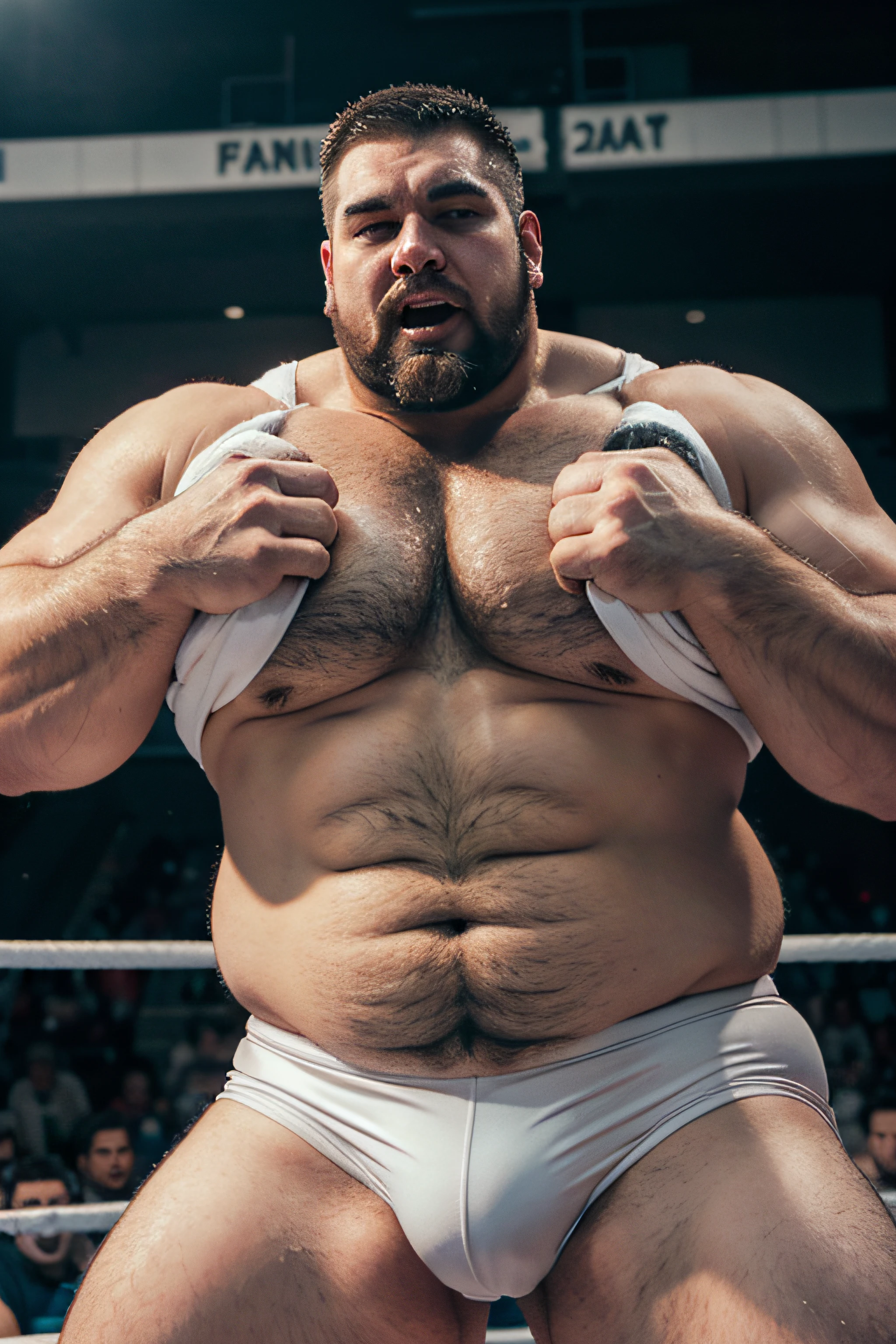 chubby muscular fluffy polar bear with a gray beard huge eyebrows and huge fangs and huge upperbody wearing wrestling trunks