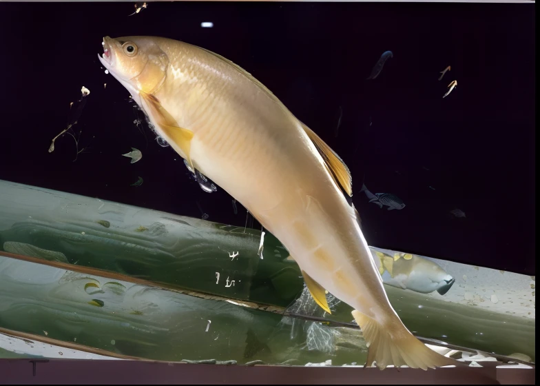 There is a fish standing on a wooden ledge, Golden fish in water exoskeleton, Fish core, fish swimming, salmon, sasai ukon masanao, tail raised, High-speed shooting, Fish flying overhead, macoto takahashi, the photo shows a large, Addy Myers, fish in the background, ferocious appearance