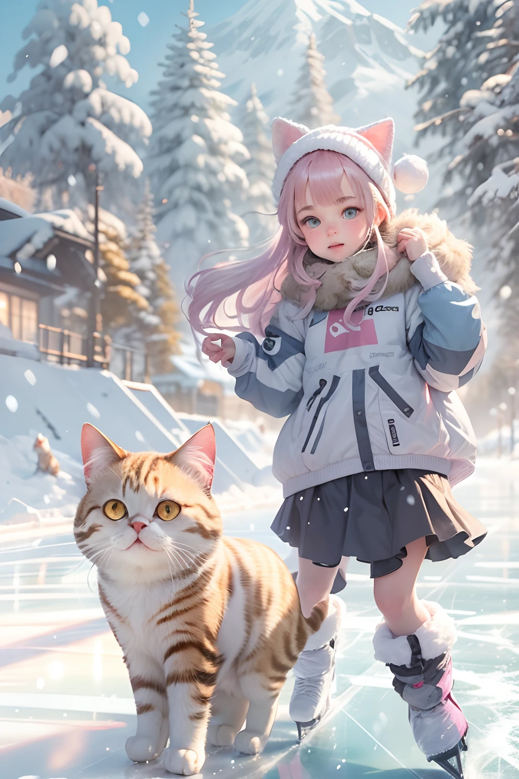 20-year-old girl, and a round-eyed cute cat,In ice skating, snow mountains.