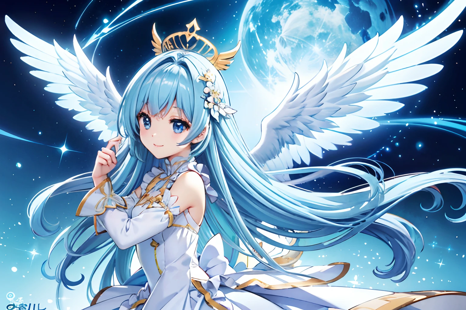 Angel wings shining in seven colors、Kawaii Girl、adorable smiling、Light blue long hair、Twin-tailed、Colorful angel costume、((top-quality))、((masterpiece))、(ighly detailed、highestdetailed、Official art、Beautifully Aesthetic:1.2)