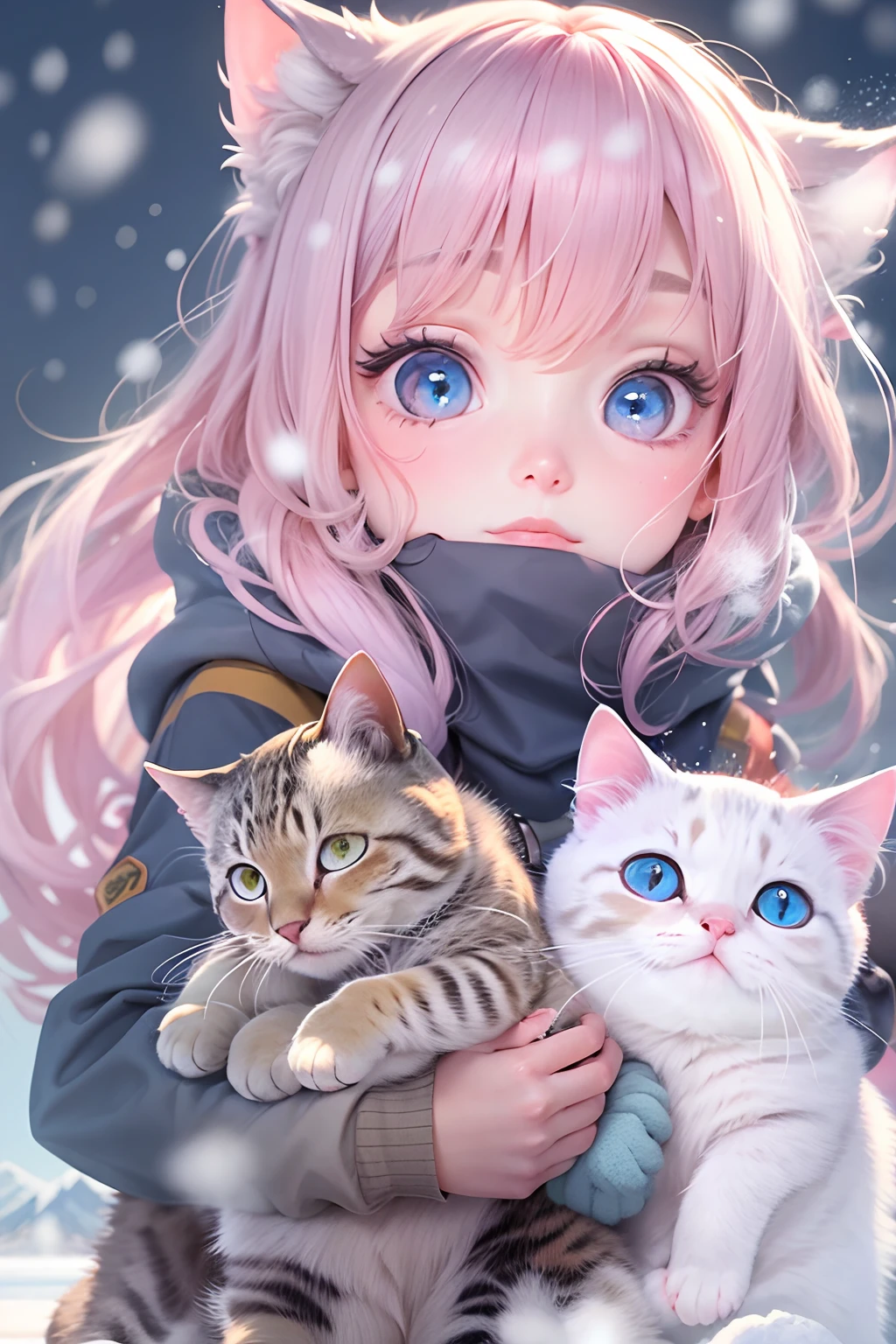 20-year-old girl, and a round-eyed cute cat,In ice skating, snow mountains.