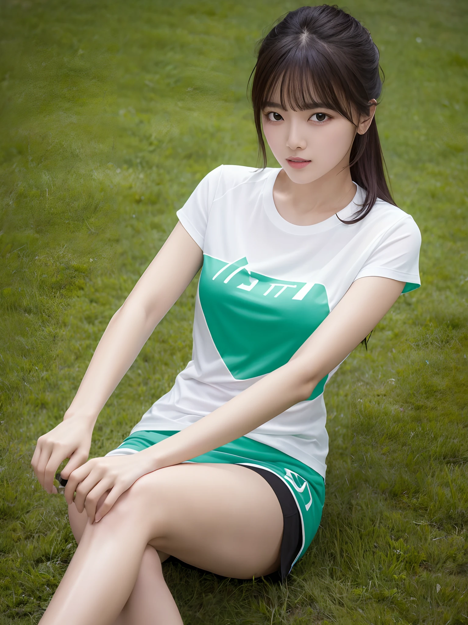 Masterpiece, best quality, high quality, 8k, UHD, Arafed a beautiful women sitting, in the green grass, sport t-shirt, eyelid, white skin, black hair,