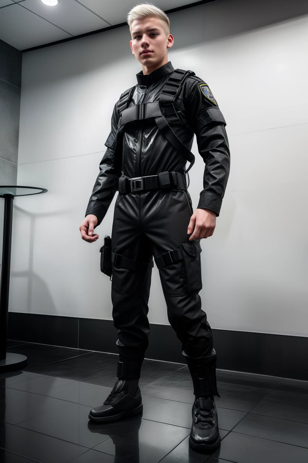 male posing, (((16yo), full body view, atmospheric, ultra realistic, wet body, SWAT fighter, white hair, harness, SWAT uniform