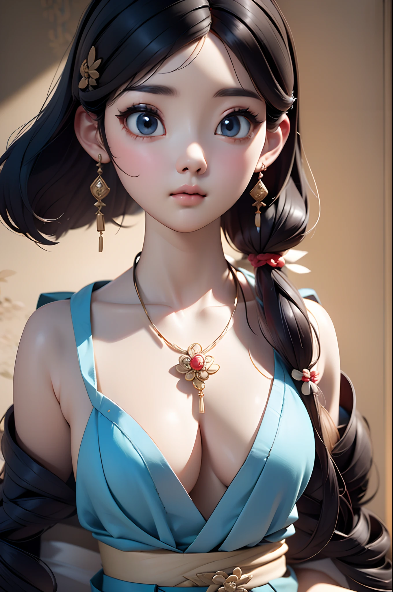 Close-up of a woman wearing a light blue slip dress necklace, Chinese style, Chinese girl, Beautiful character painting, Guviz-style artwork, Palace , A girl in Hanfu, Beautiful rendering of the Tang Dynasty, Realistic anime 3 D style, trending on cgstation, 8K high quality detailed art, Princesa chinesa antiga, Chinese woman, Guviz