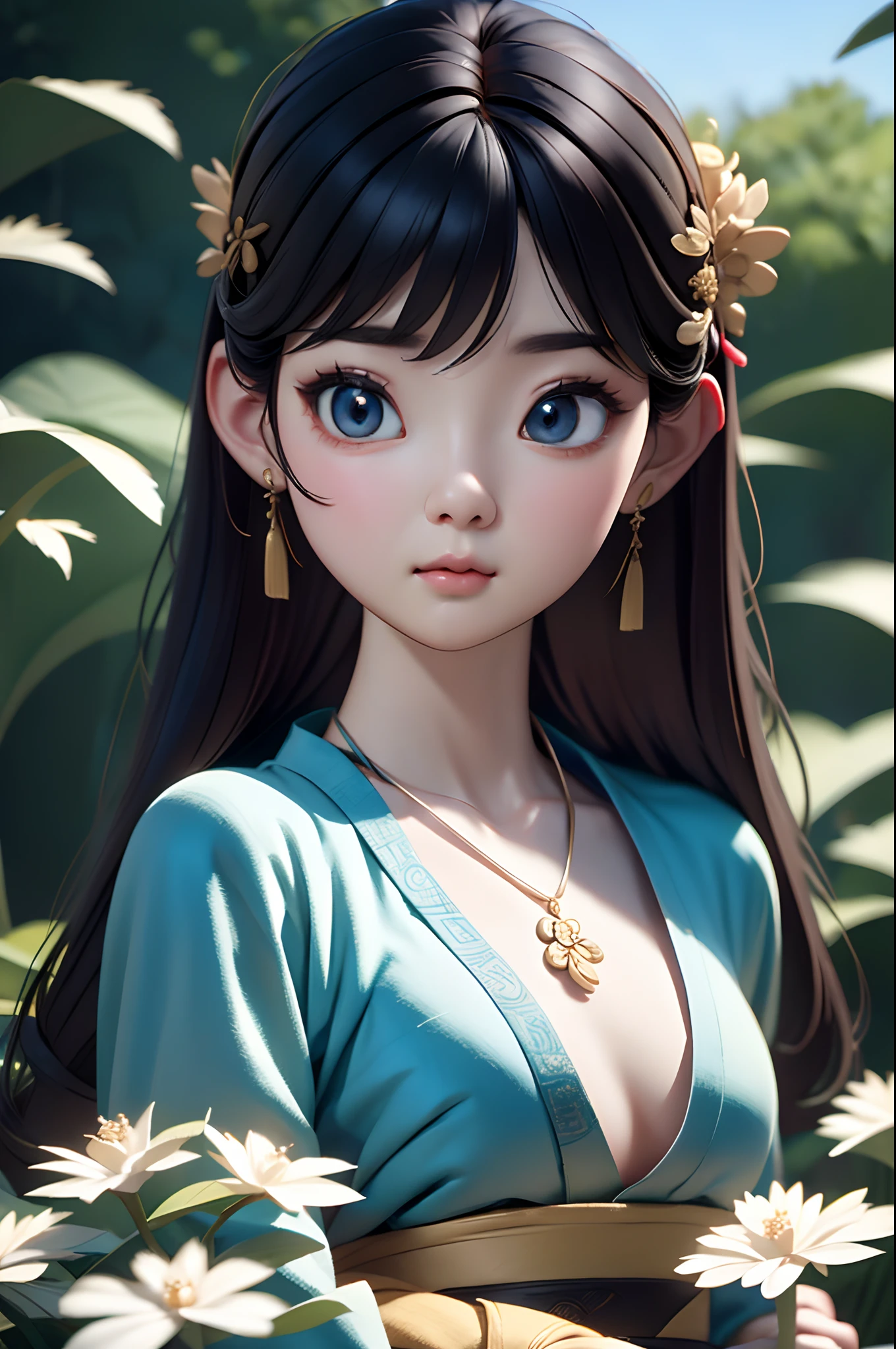 Close-up of a woman wearing a light blue slip dress necklace, Chinese style, Chinese girl, Beautiful character painting, Guviz-style artwork, Palace ， A girl in Hanfu, Beautiful rendering of the Tang Dynasty, Realistic anime 3 D style, trending on cgstation, 8K high quality detailed art, Princesa chinesa antiga, Chinese woman, Guviz