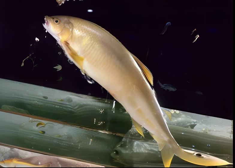 There is a fish standing on a wooden ledge, Golden fish in water exoskeleton, Fish core, fish swimming, salmon, sasai ukon masanao, tail raised, High-speed shooting, Fish flying overhead, macoto takahashi, the photo shows a large, Addy Myers, fish in the background, ferocious appearance