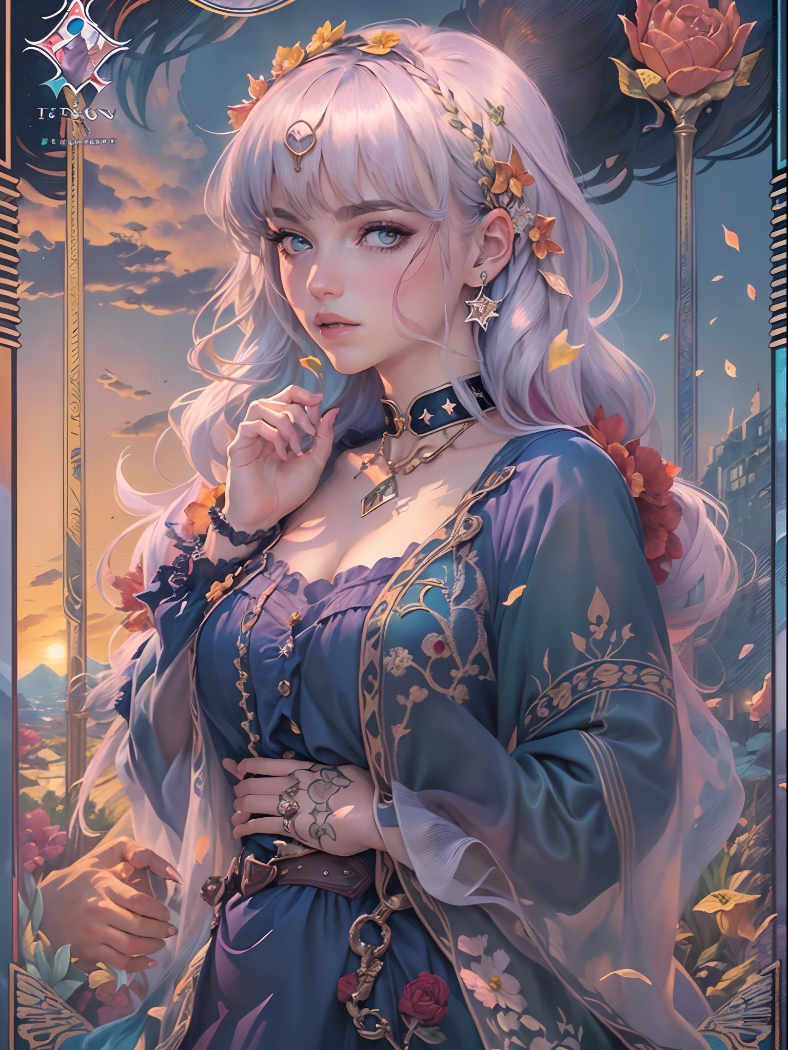 ((Best quality)) , ((Masterpiece)) , (Detailed) ，(Tarot card illustration:1.3),Room Wear, (American beauty:1.3), two tone color hair, At sunrise, Rainbow punk, Deep indigo lighting, 8K resolution