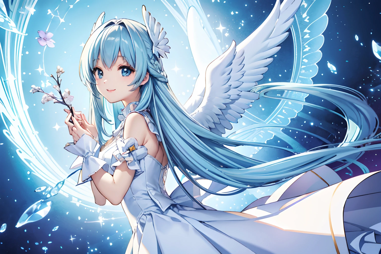 Angel wings shining in seven colors、Kawaii Girl、Light blue long hair、Twin-tailed、Colorful angel costume、((top-quality))、((masterpiece))、(ighly detailed、highestdetailed、Official art、Beautifully Aesthetic:1.2)