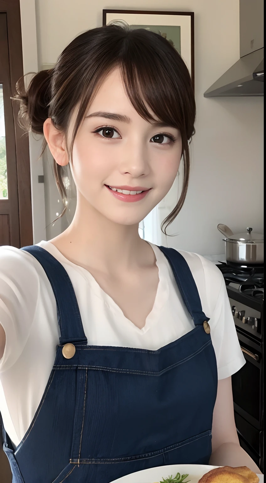 (A hyper-realistic), (hight resolution), (8K), (ighly detailed),  (beatiful detailed eyes), (top-quality), (ultra-detailliert), (​masterpiece), (A detailed face), selfee、faces、softfocus、pinafore、Cooking、face of emma watson、A smile、Have a plate、poneyTail、Breast bulge、japanes、kitchin、breakfast