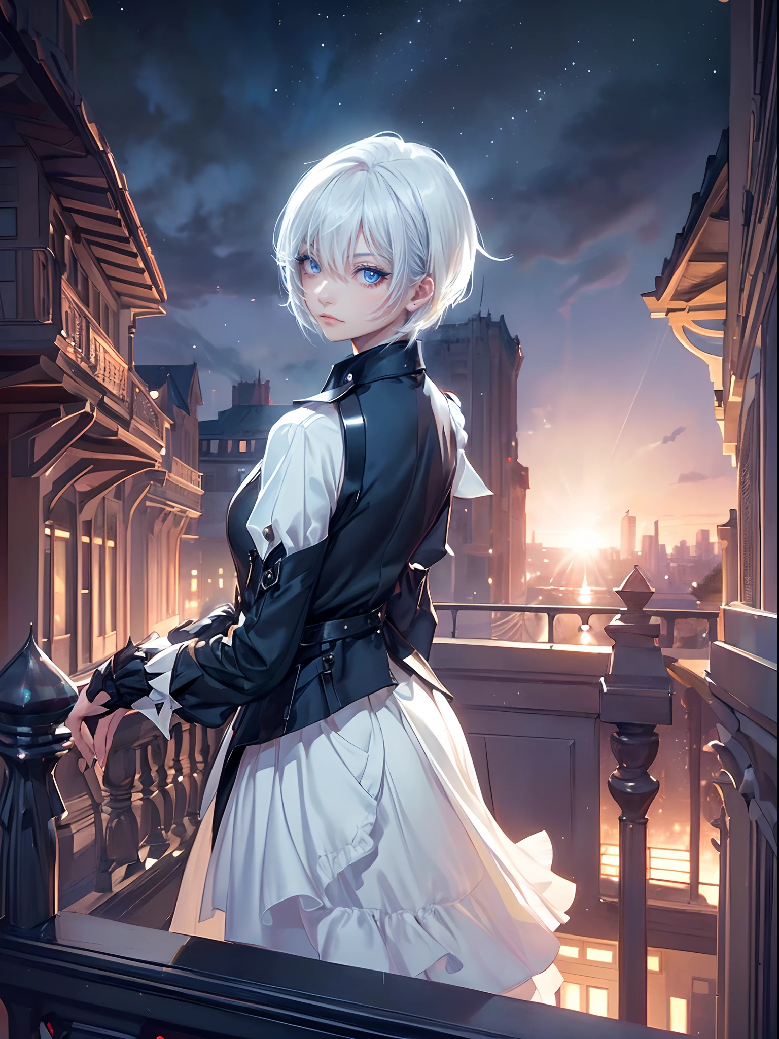 ((4K works))、masterpiece、(top-quality)、One Beautiful Girl、Slim body、tall、((Black Y-shirt and white pants、Charming street style))、(Detailed beautiful eyes)、Stylish English black balcony、Castle inhabited by villains、Black shop window、Balcony at night、((Starry sky in the background))、((dark sky))、((Stylish city scenery at night))、((Shot on a stylish balcony))、mid night、((Face similar to Carly Rae Jepsen))、((Short-haired white hair))、((Smaller face))、((Neutral face))、((Bright blue eyes))、((American adult women))、((Adult female 26 years old))、((cool lady))、((Like a celebrity))、((Wild look))、((Korean Makeup))、((elongated and sharp eyes))、((Happy dating))、((boyish))、((Upper body photography))、Professional Photos、((Shot alone))、((shot from back))、((Shot so that the back of the head is visible))、((Shot in close proximity to her))、((Focus zoom in))、((She is watching the sunset))、((She standing on the balcony))