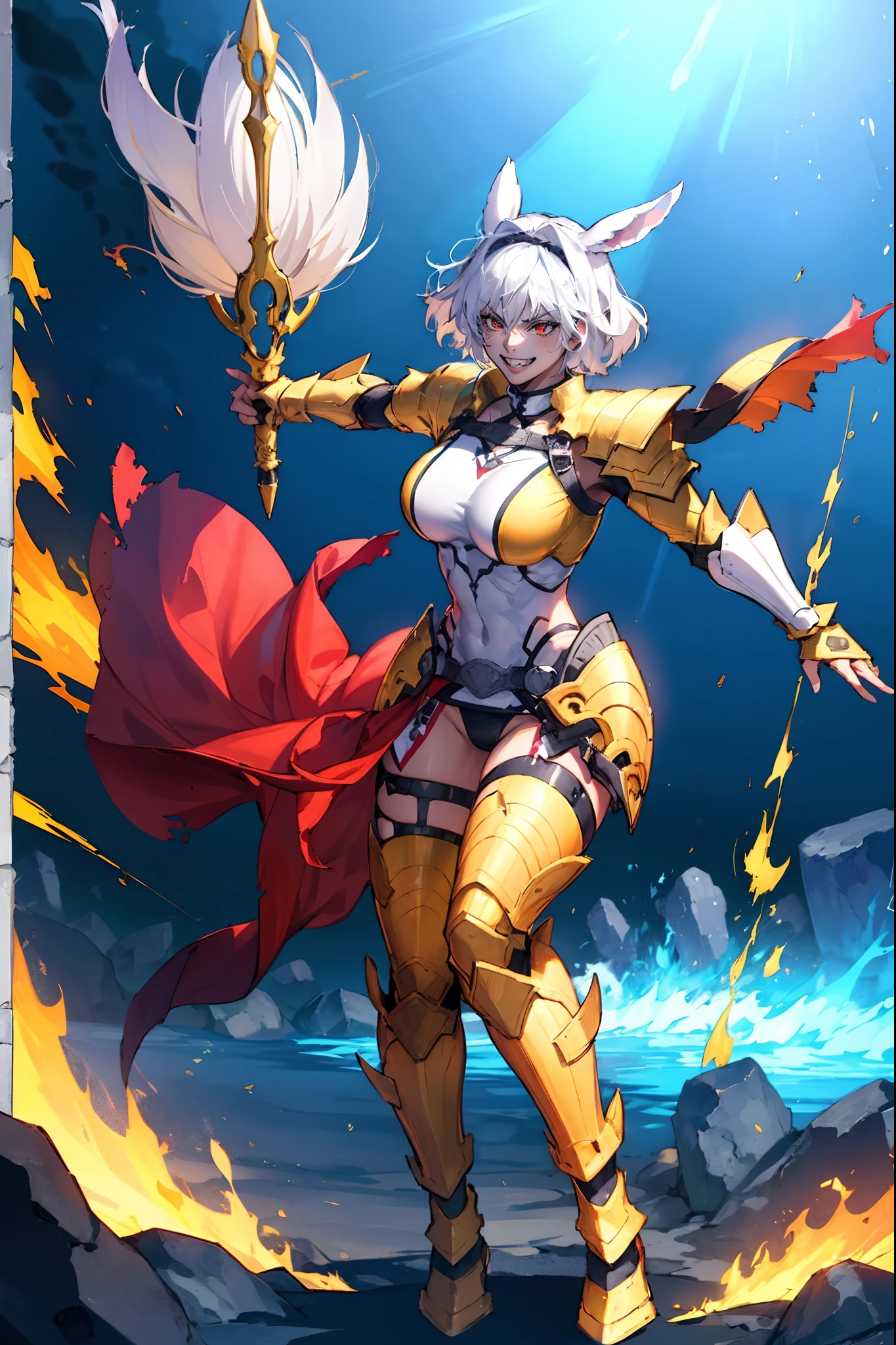 4k, highly detailed, anime style, HDR, subsurface scattering, in a temple, temple being destroyed, Greek temple on fire background, (masterpiece, best quality:1.2), caenis,( fgo stage 3), 1girl, big breasts, looking at fires, smile, short hair, white hair, bangs, red eyes, animal ears, open clothes, hairband, grin, (gold armor), body markings, white nails, epic scene, tall girl,full body, darskinned-female, crazy smile, staff holding, standing