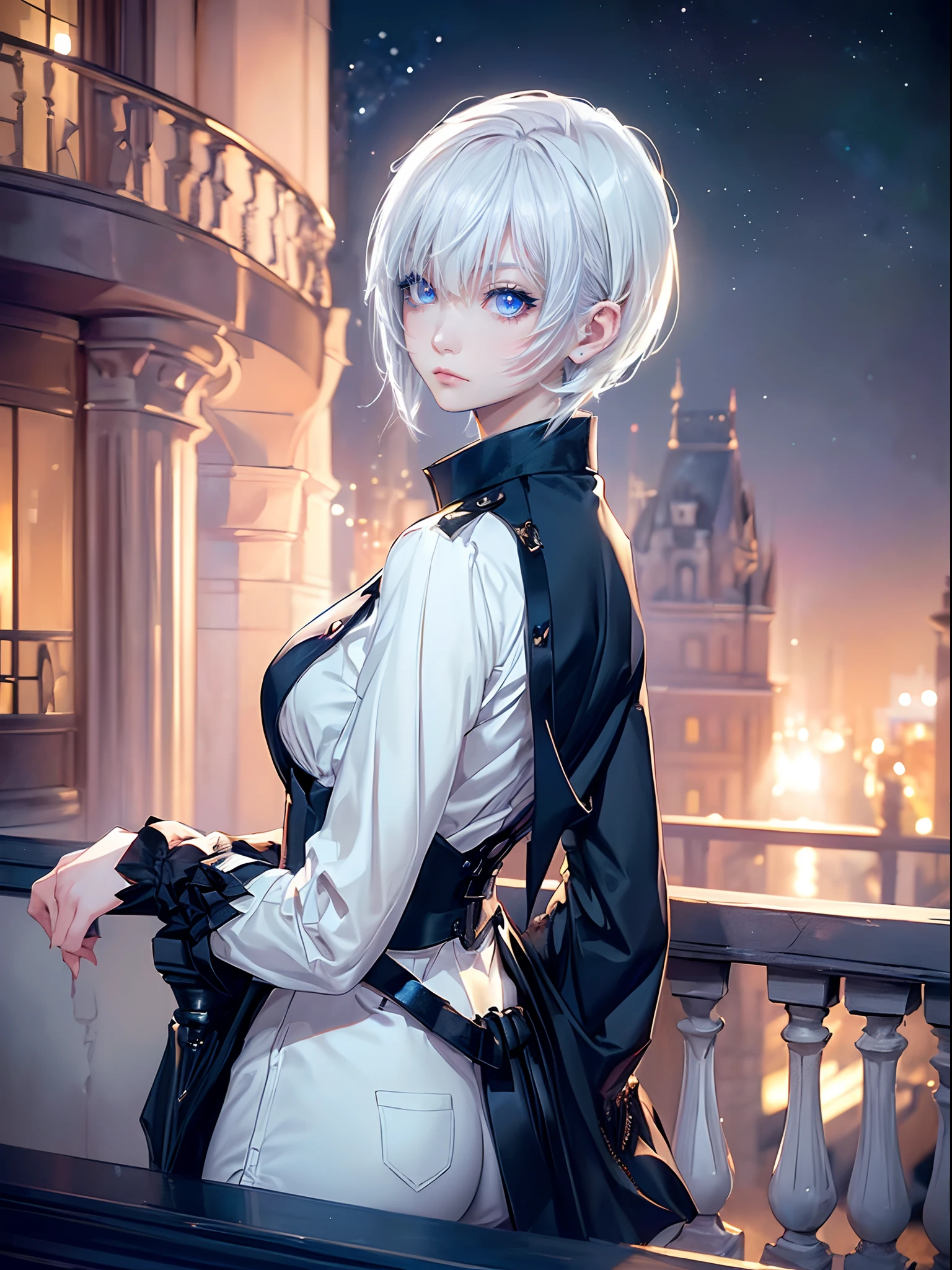 ((4K works))、​masterpiece、(top-quality)、One Beautiful Girl、Slim body、tall、((Black Y-shirt and white pants、Charming street style))、(Detailed beautiful eyes)、Stylish English black balcony、Castle inhabited by villains、Black shop window、Balcony at night、((Starry sky in the background))、((dark sky))、((Stylish city scenery at night))、((Shot on a stylish balcony))、mid night、((Face similar to Carly Rae Jepsen))、((Short-haired white hair))、((Smaller face))、((Neutral face))、((Bright blue eyes))、((American adult women))、((Adult female 26 years old))、((cool lady))、((Like a celebrity))、((Wild look))、((Korean Makeup))、((elongated and sharp eyes))、((Happy dating))、((boyish))、((Upper body photography))、Professional Photos、((Shot alone))、((shot from back))、((Shot so that the back of the head is visible))、((Shot in close proximity to her))、((Focus zoom in))、((She is watching the sunset))、((She standing on the balcony))