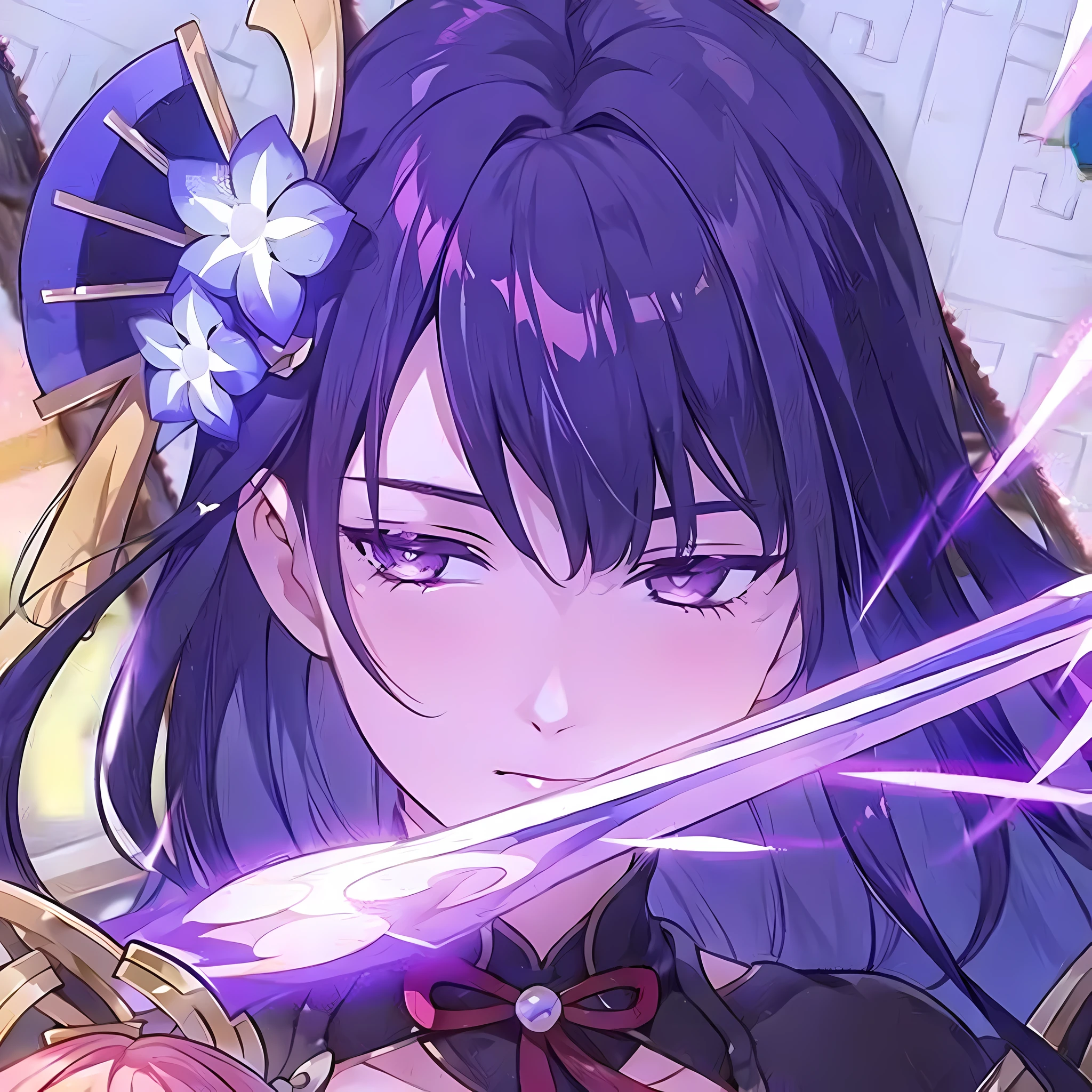anime girl with purple hair holding a sword in front of a wall, ayaka genshin impact, zhongli from genshin impact, ayaka game genshin impact, keqing from genshin impact, genshin impact character, hanayamata, genshin, yuyushiki, portrait knights of zodiac girl, anime visual of a young woman