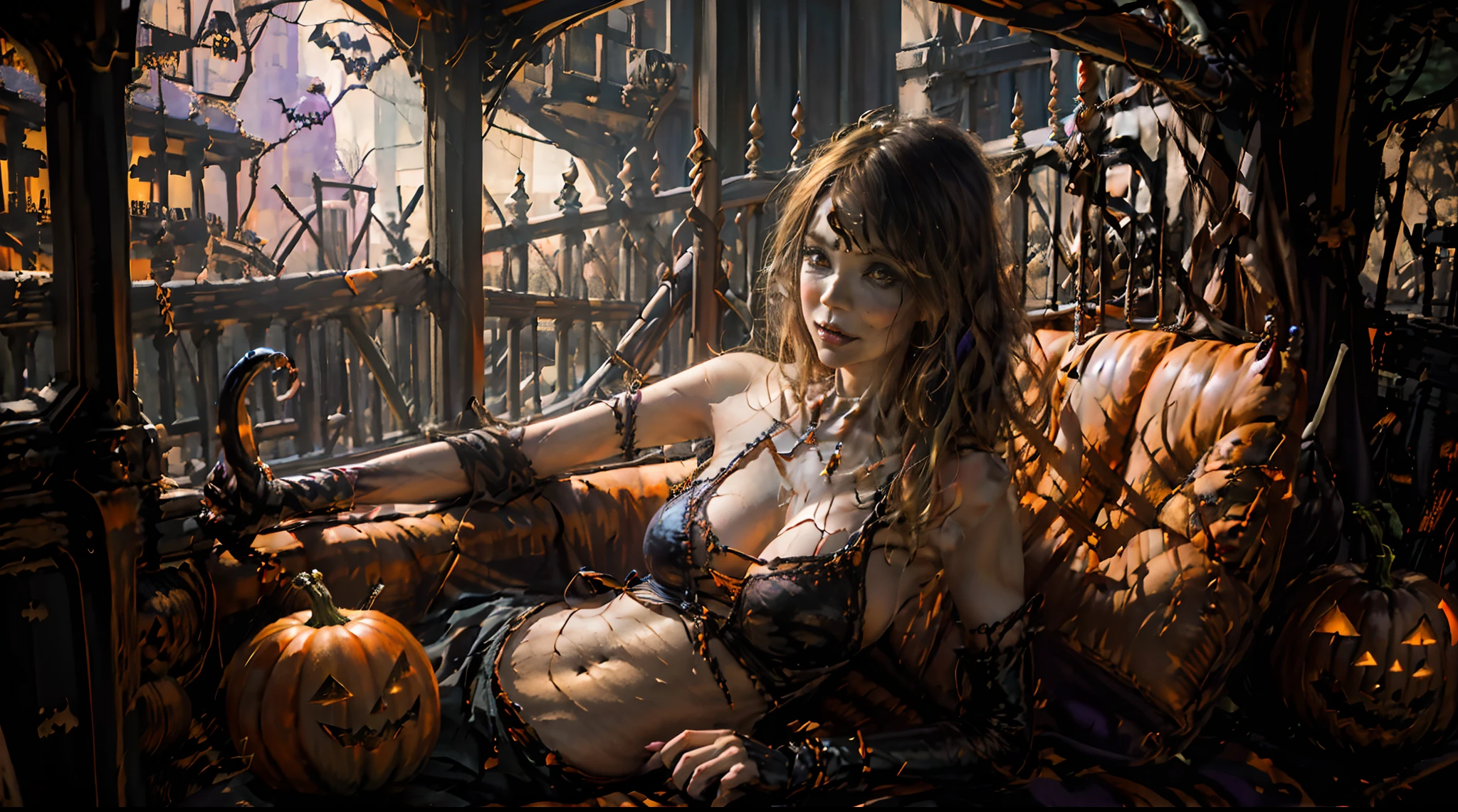 (halloween night:1.5),(Pumpkin monsters:1.2),(Sexy Witch:1.2),(Ride in a pumpkin carriage:1.2),(Seductive charm:1.2),(well-defined physique:1.2),(Spooky atmosphere:1.1),(Pumpkin Bio:1.1),(moonlit sky:1.1),(Enchanting journey:1.1),(mystical ambiance:1.1),(Festive celebrations:1.1),(gigantic cleavage breasts),(Beautuful Women),(Evil laughter)