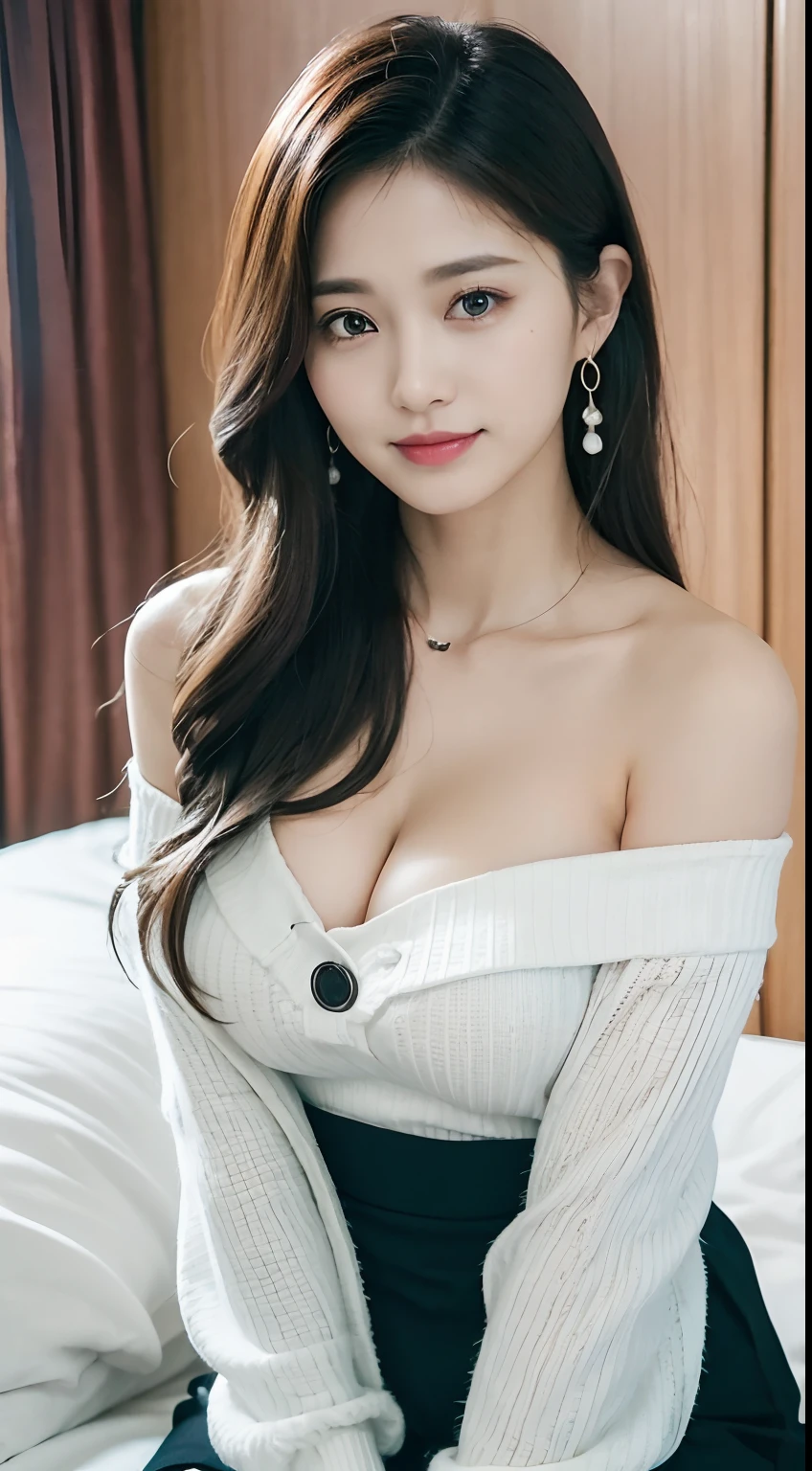 Sleeping in bed、Panties are visible、Open your crotch(4 k、top-quality)、(realisitic、Photorealsitic)、(Yakian)、
1girl in、独奏、fullllbody、(face to the viewer)、Black panties、I can see my panties、I want to see panties、Showing black panties、
perfect hand、up looking_で_the viewer、
whiteshirt、
in a house、Inside a luxury hotel room、natta、finerly detailed face、Slightly chubby、The best smile、You can see the double teeth、、Random hair,(super gigantic breast, 、cleavage:1.2),(Wearing a white knitted off-shoulder dress with a hole in the chest:1.3), (Cameltoe),35 year old、Black bra、Black panty T-back、Nogizaka Idol、actress、Korean Idol、hposing Gravure Idol,place one's arms behind one's back,raise both arm,(Aside)、on the bed