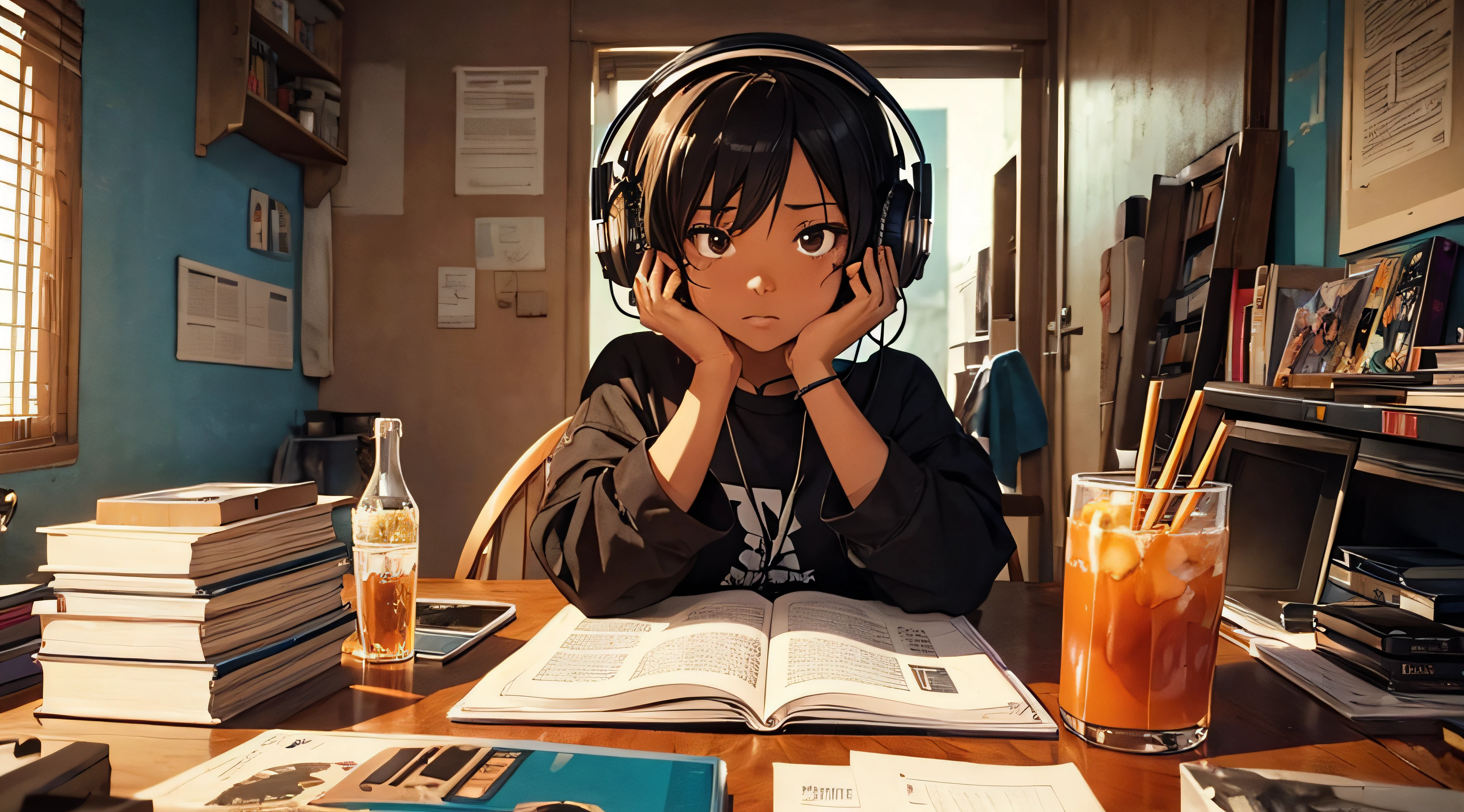 1woman, only, sitting at a table with headphones, sunset, African American, a book, Lofi Girl, Lofi Art, NULL Art Style, Lofi Feel, Lofi Portrait, Lofi Colors, NULL, Lo-fi Art, Lofi Vibes , Lofi vibe, Lofi hip hop, Satoshi might artstyle, Lofi Girl aesthetic