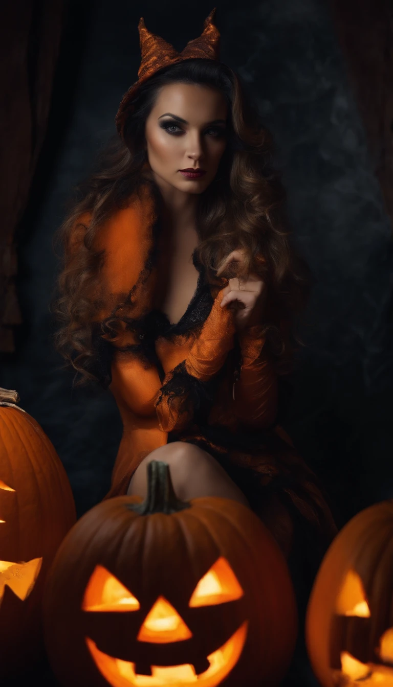 (halloween night:1.5),(Pumpkin monsters:1.2),(Sexy Witch:1.2),(Ride in a pumpkin carriage:1.2),(Seductive charm:1.2),(well-defined physique:1.2),(Spooky atmosphere:1.1),(Pumpkin Bio:1.1),(moonlit sky:1.1),(Enchanting journey:1.1),(mystical ambiance:1.1),(Festive celebrations:1.1),(gigantic cleavage breasts),(Beautuful Women),(Evil laughter)