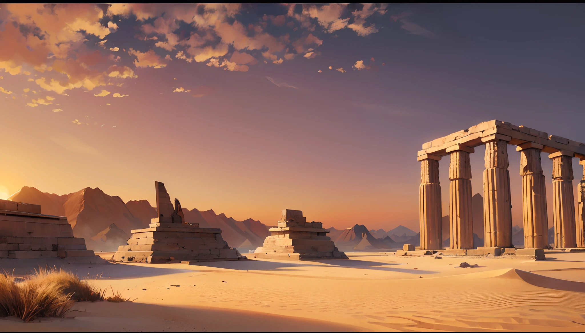 Ancient egypt , temples in the background in the desert , papyrus writing on the temples, nile infornt , sunrise --auto --s2