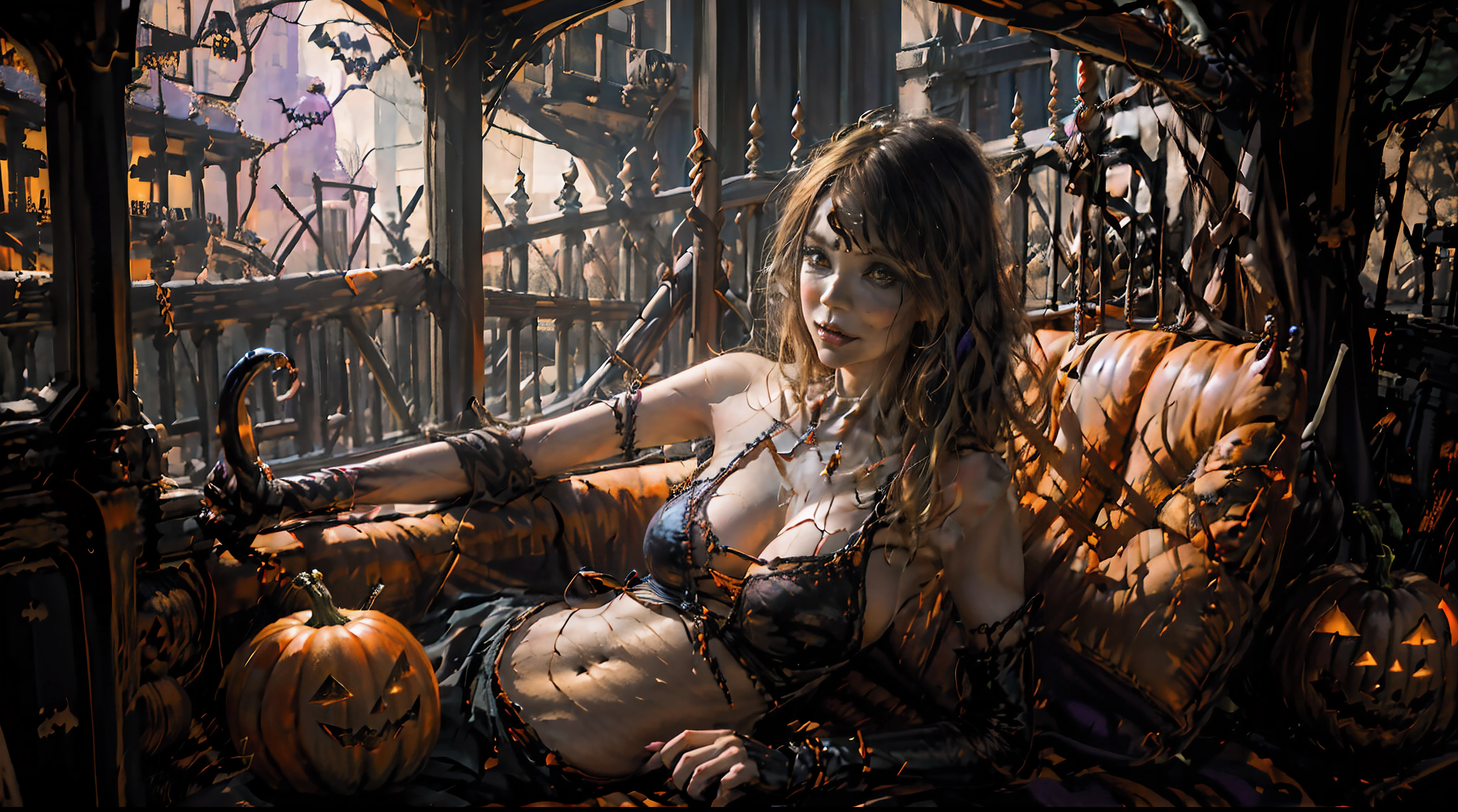 (halloween night:1.5),(Pumpkin monsters:1.2),(Sexy Witch:1.2),(Ride in a pumpkin carriage:1.2),(Seductive charm:1.2),(well-defined physique:1.2),(Spooky atmosphere:1.1),(Pumpkin Bio:1.1),(moonlit sky:1.1),(Enchanting journey:1.1),(mystical ambiance:1.1),(Festive celebrations:1.1),(gigantic cleavage breasts),(Beautuful Women),(Evil laughter)