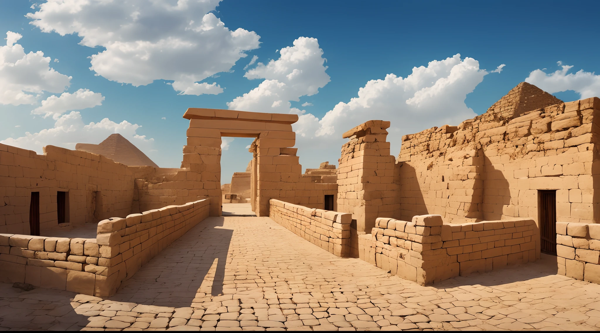 Ancient city, pharaonic houses, ancient Egyptian,houses tow floor, streets, horses, background sky and clouds, daytime, wall around, hug gates --auto --s2