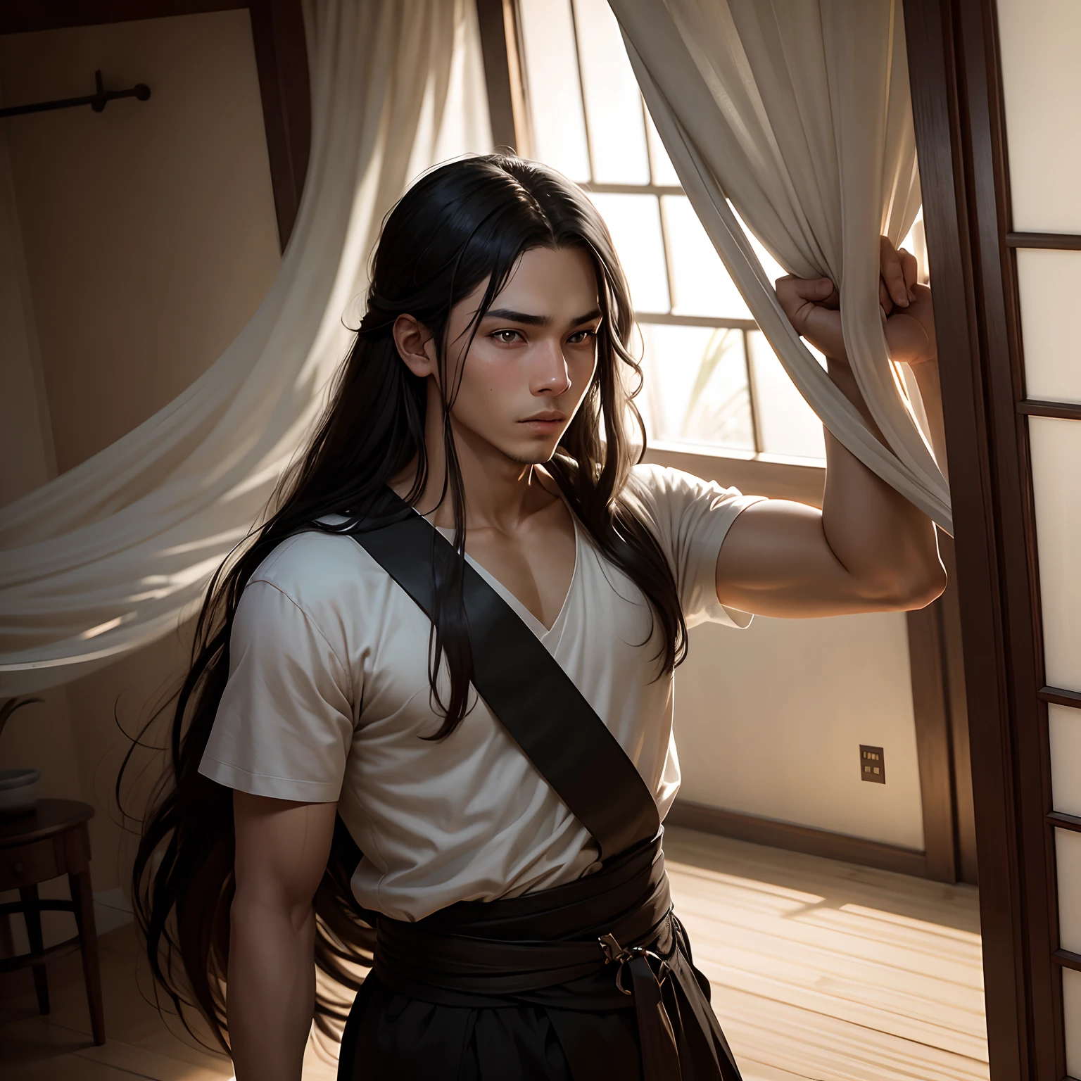 The wallpaper is inside the house made of bamboo, A young man, 18 years old named Men, black eyes, long hair, White, wearing a black tunic, Chase, His face pierced with thought