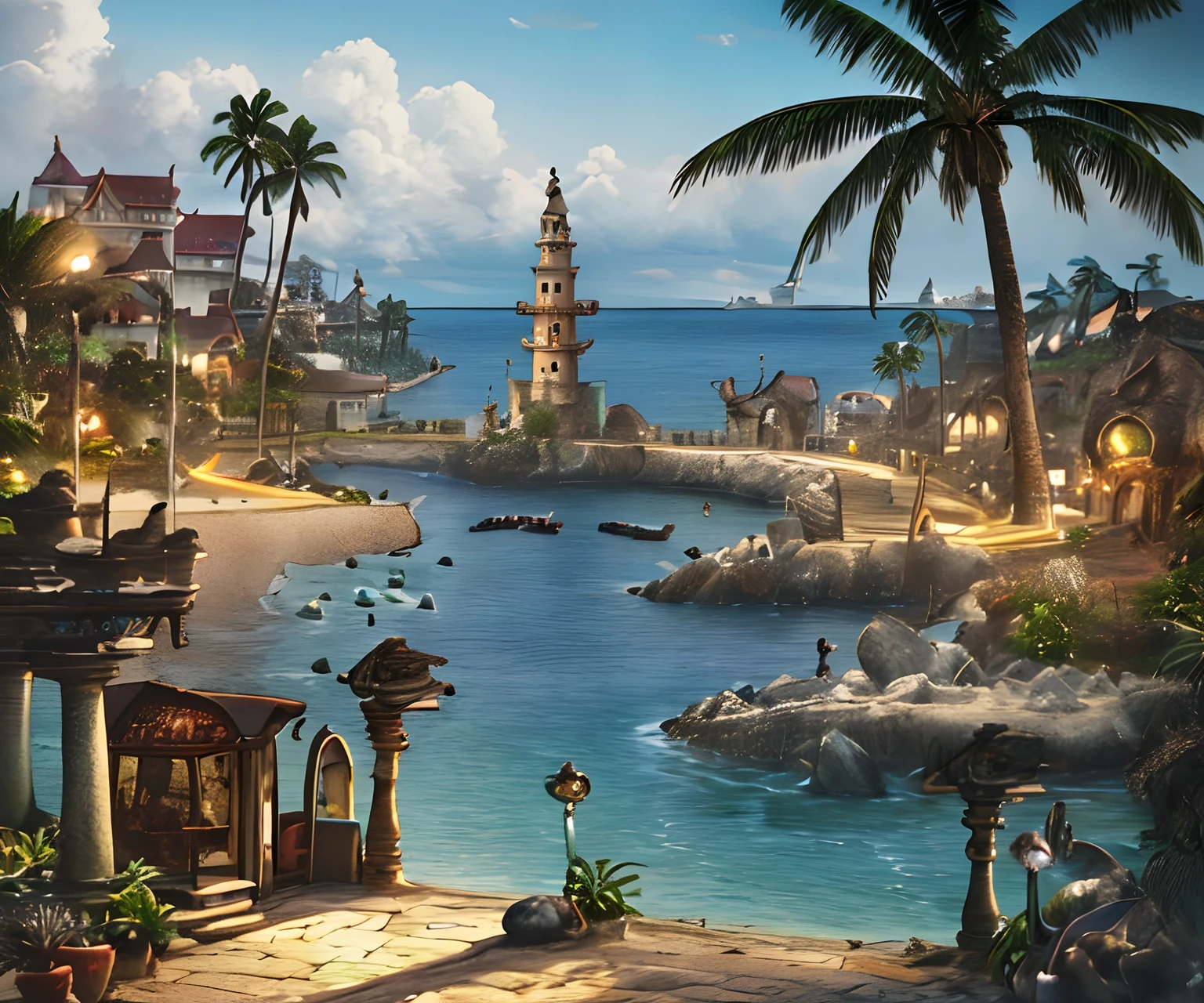 (Perfect Artwork, masutepiece:1.3), of the highest quality, 8K, Digital Illustration, (Fantasy), Sharp Focus, Inkate, (Details), Perfect composition FF8BG, No humans, Outdoors, building, ocean, Seaside village, Tropical, architecture, sandrocks, Volumetric lighting, bloom, (Scenery), Sea breeze, Palm Tree, (Contemporary), Futuristic