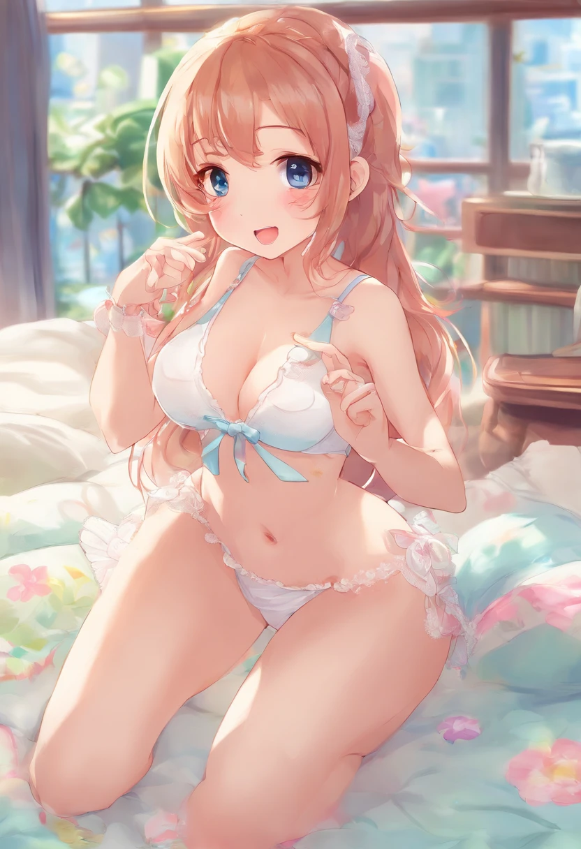 White bra Panties with white ribbon hotel on the beds Touch the bottom of the center of the panties with your right hand