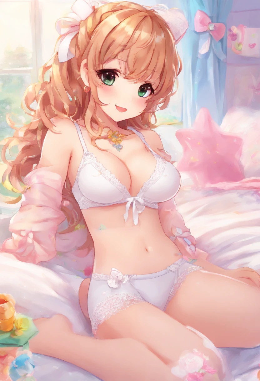 White bra Panties with white ribbon hotel on the beds Touch the bottom of the center of the panties with your right hand