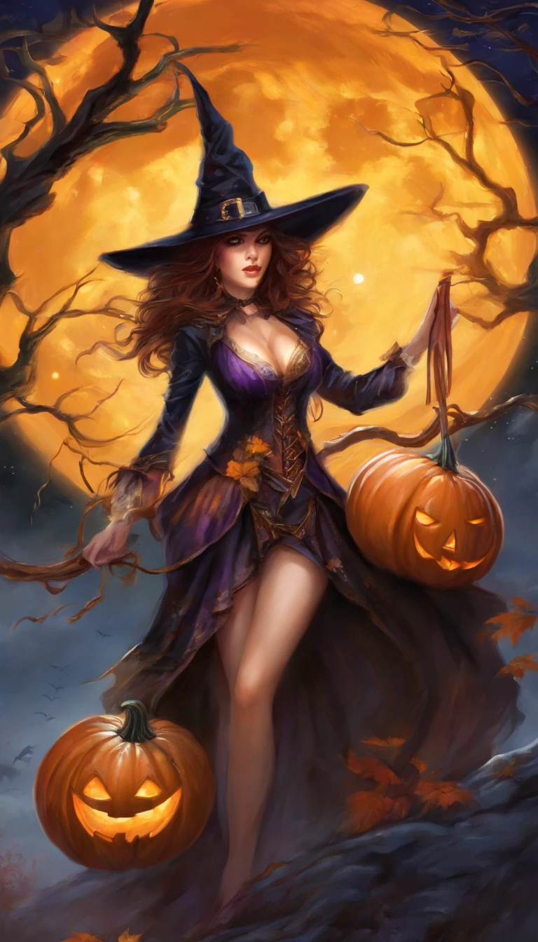 (halloween night:1.5),(Pumpkin monsters:1.2),(Sexy Witch:1.2),(Ride in a pumpkin carriage:1.2),(Seductive charm:1.2),(well-defined physique:1.2),(Spooky atmosphere:1.1),(Pumpkin Bio:1.1),(moonlit sky:1.1),(Enchanting journey:1.1),(mystical ambiance:1.1),(Festive celebrations:1.1),(gigantic cleavage breasts),(Beautuful Women),(Evil laughter)
