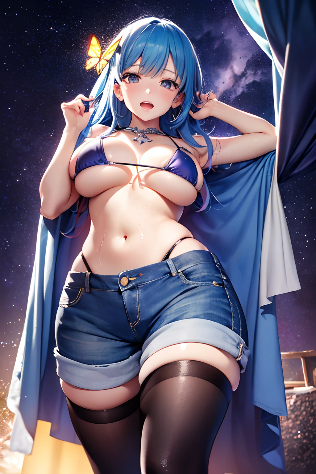 ((masutepiece)), Best Quality, Super Detail, HDTV, Highly detailed CG unified 8K wallpaper, Perfect Anatomy, Detailed hand, ((((High angle)))), (One woman with big breasts with sexy charm,Protruding areola,), ((Red Small Area Micro Bikini,hotpants,shortpants,denim))), ((Full body)), (dynamic compositions), High definition beauty face, (Eye of Detail: 1.4,fullmoon), (Open mouth), (Wet body)), Shiny skin, Fine-grained skin, Fine-grained hair, Cowboy Shot, Big background, (Butterflies flying around a woman),flower field, (Starry sky), Pillar of Light, crystal clear clean water, Moonlight, Glitter, ( Midnight, Dark)))