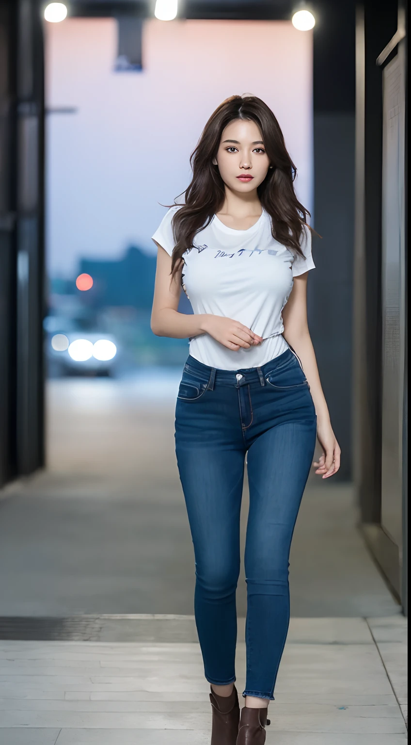 ((Midnight, Best quality, 8k, Masterpiece :1.3)), Whole body, Long legs, Sharp focus :1.2, A pretty woman with perfect figure :1.4, Slender abs :1.1, ((Dark brown hair, medium breasts :1.2)), (White tight tshirt, Jean bib, Standing:1.2), ((Night city view), Highly detailed face and skin texture, Detailed eyes, Double eyelid